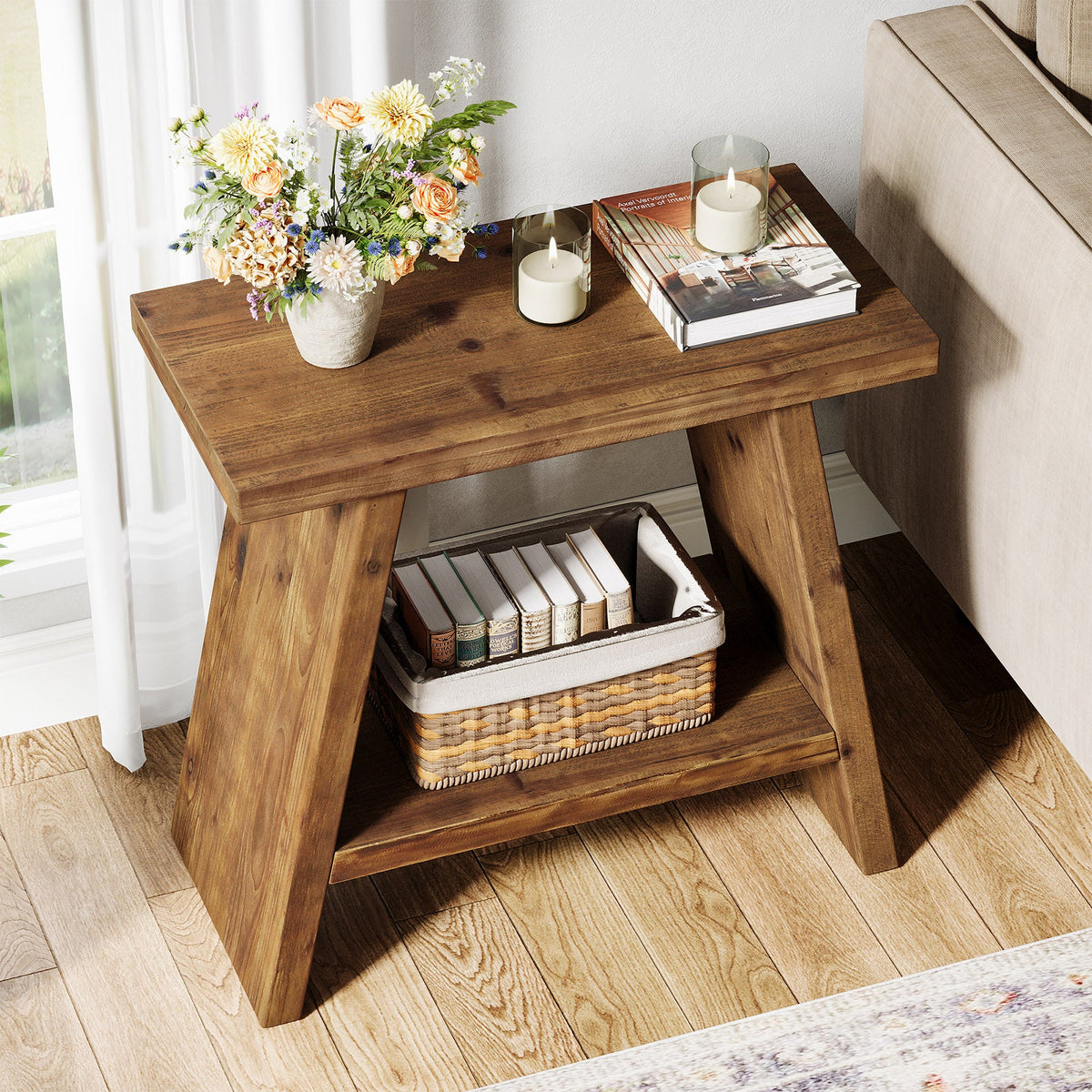 23.6" End Table, Solid Wood Small Side Table with 2-Tier Storage