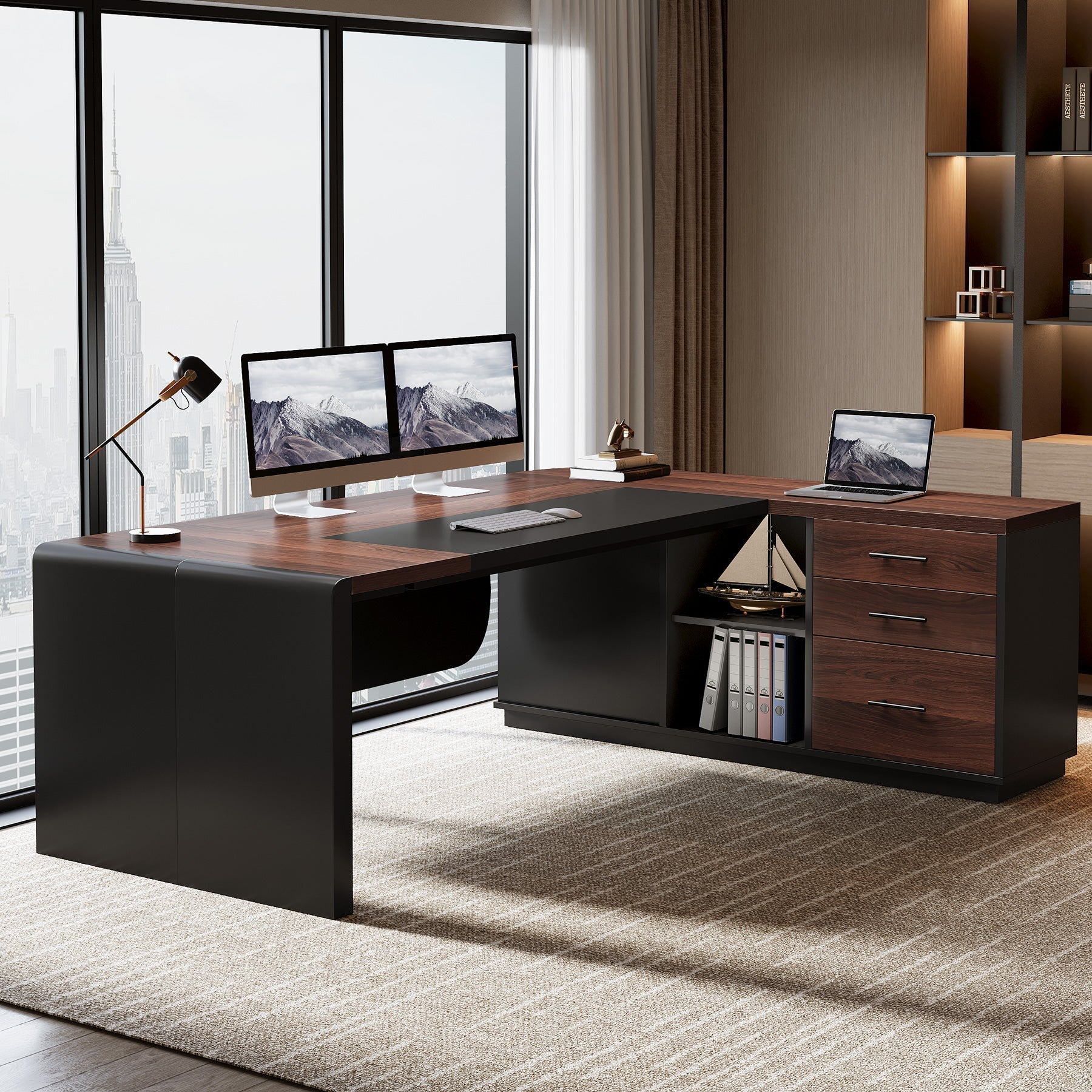 80" Executive Desk, L - Shaped Computer Desk with Storage Drawers Tribesigns