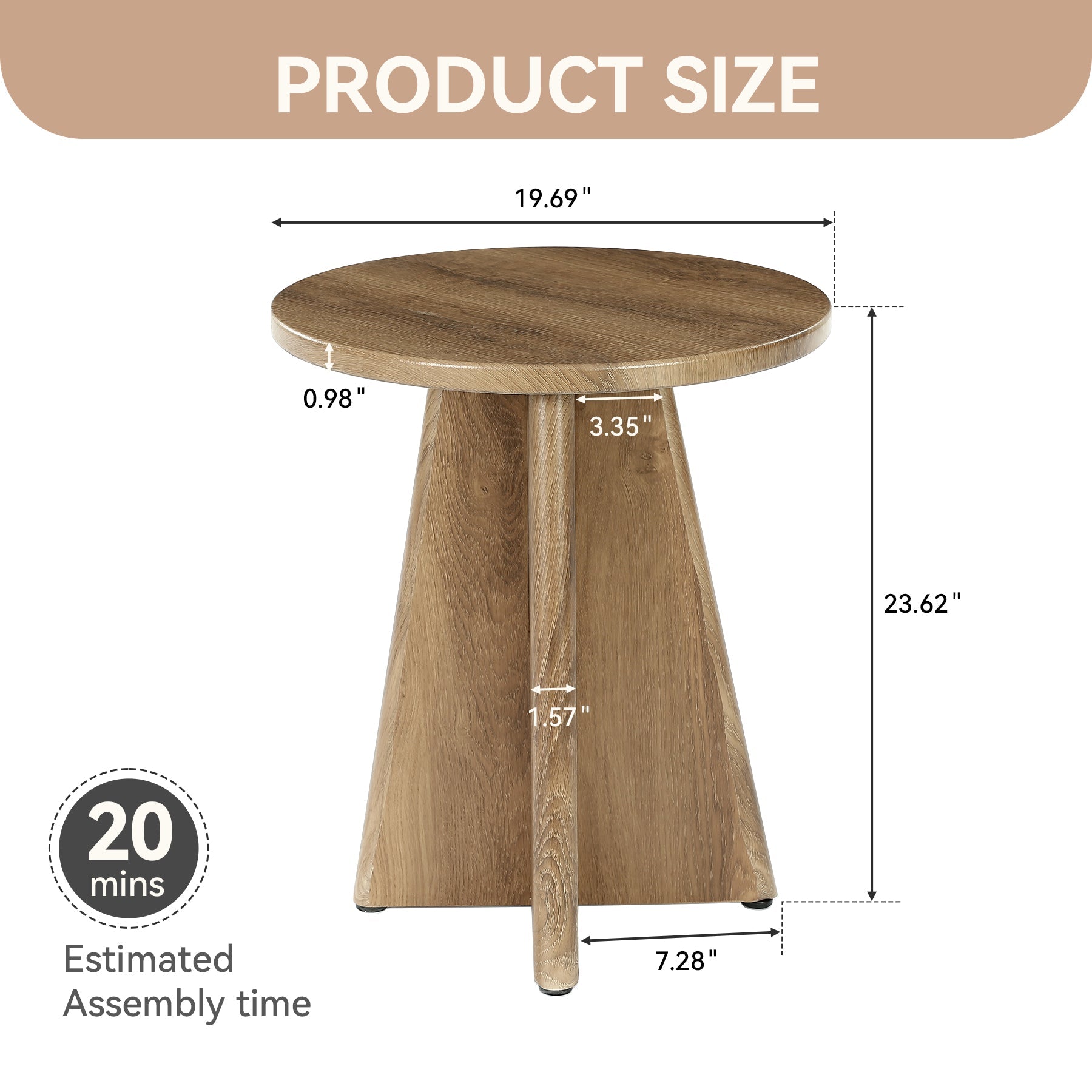 19.7" Round End Table, Farmhouse Side Table with Sculptural Base for Living Room