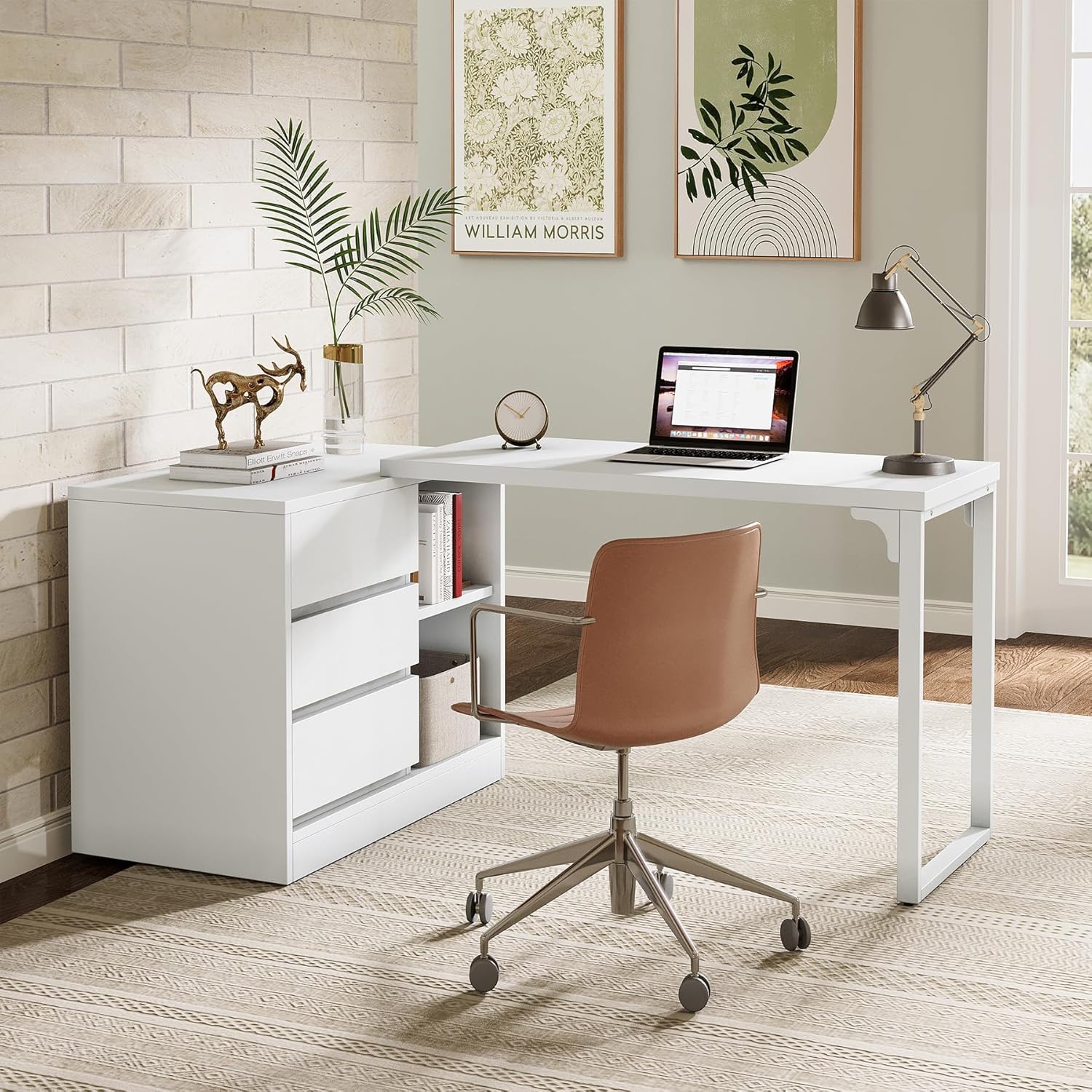 L-Shaped Computer Desk, Reversible Corner Desk With Drawer Cabinet