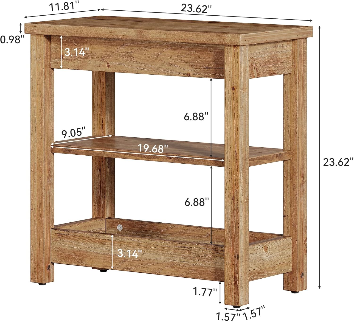 23.62" Solid Wood End Table, 3-Tier Narrow Side Table for Living Room and Bedroom