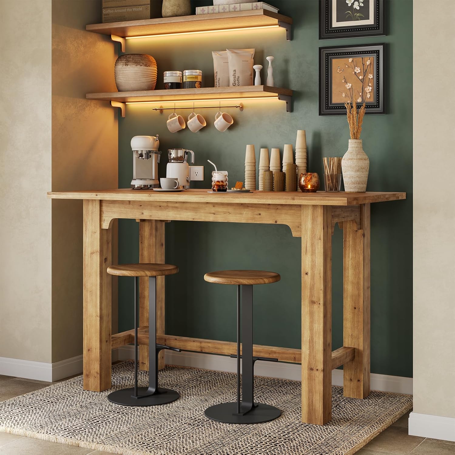 Solid Wood Bar Table, 63" Dining Table Counter Height Pub Table