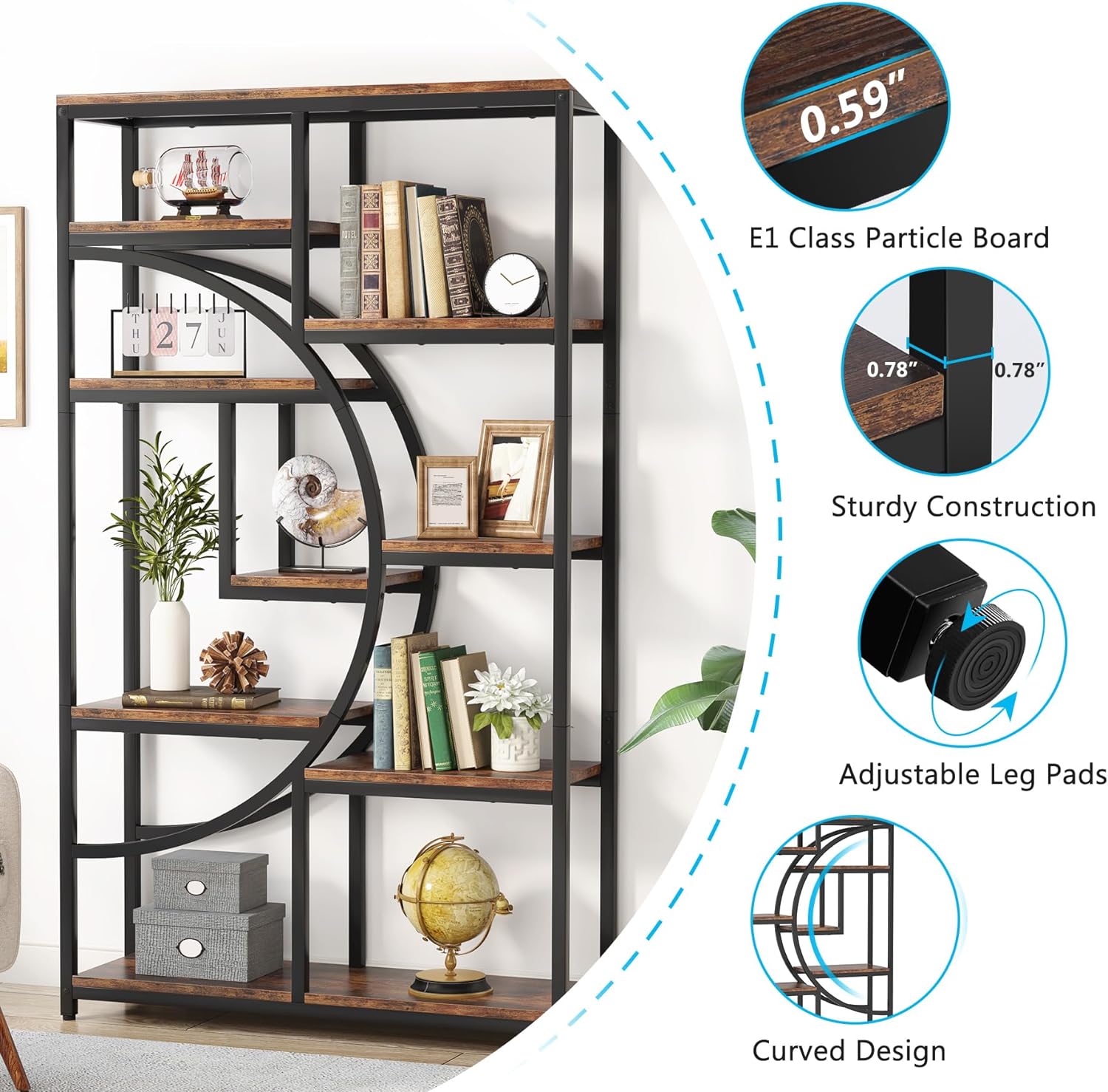 Freestanding Bookshelf, 68.9" Etagere Bookcase with 9 Open Shelves