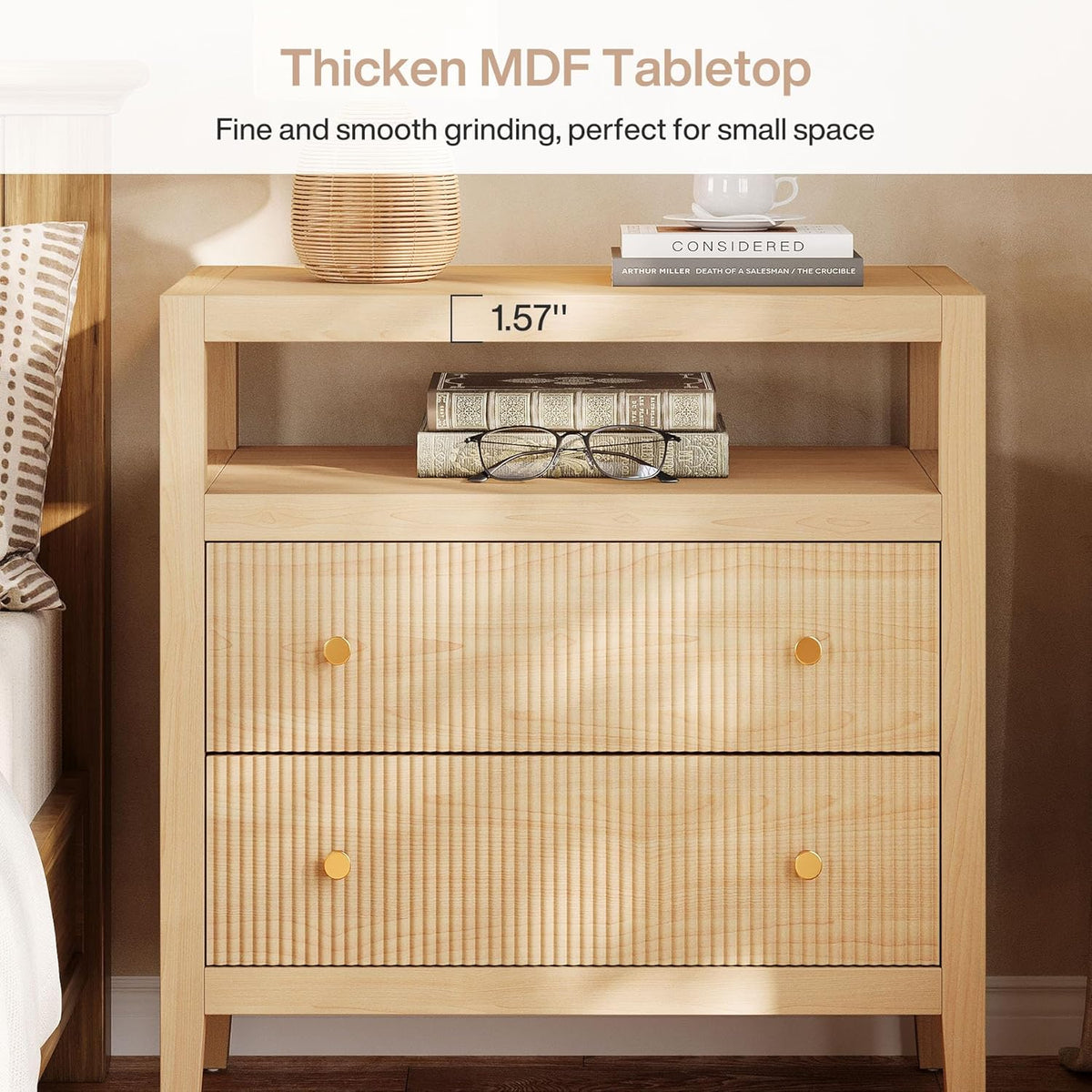 29.5" Farmhouse Nightstand, 2-Drawer Wide Bedside Table with Open Storage Shelf