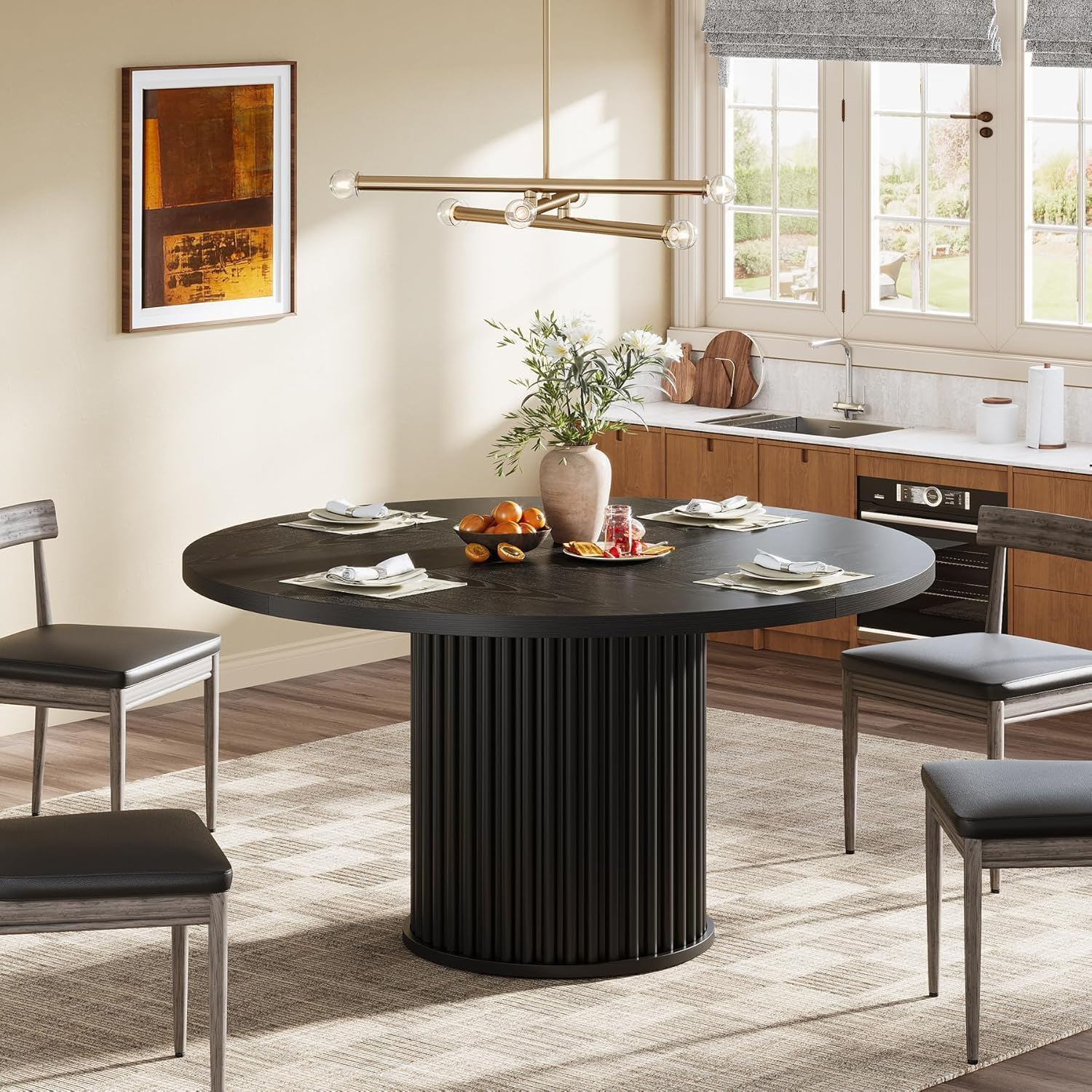 47" Round Dining Table, Wood Kitchen Table With Sturdy Fluted Metal Base