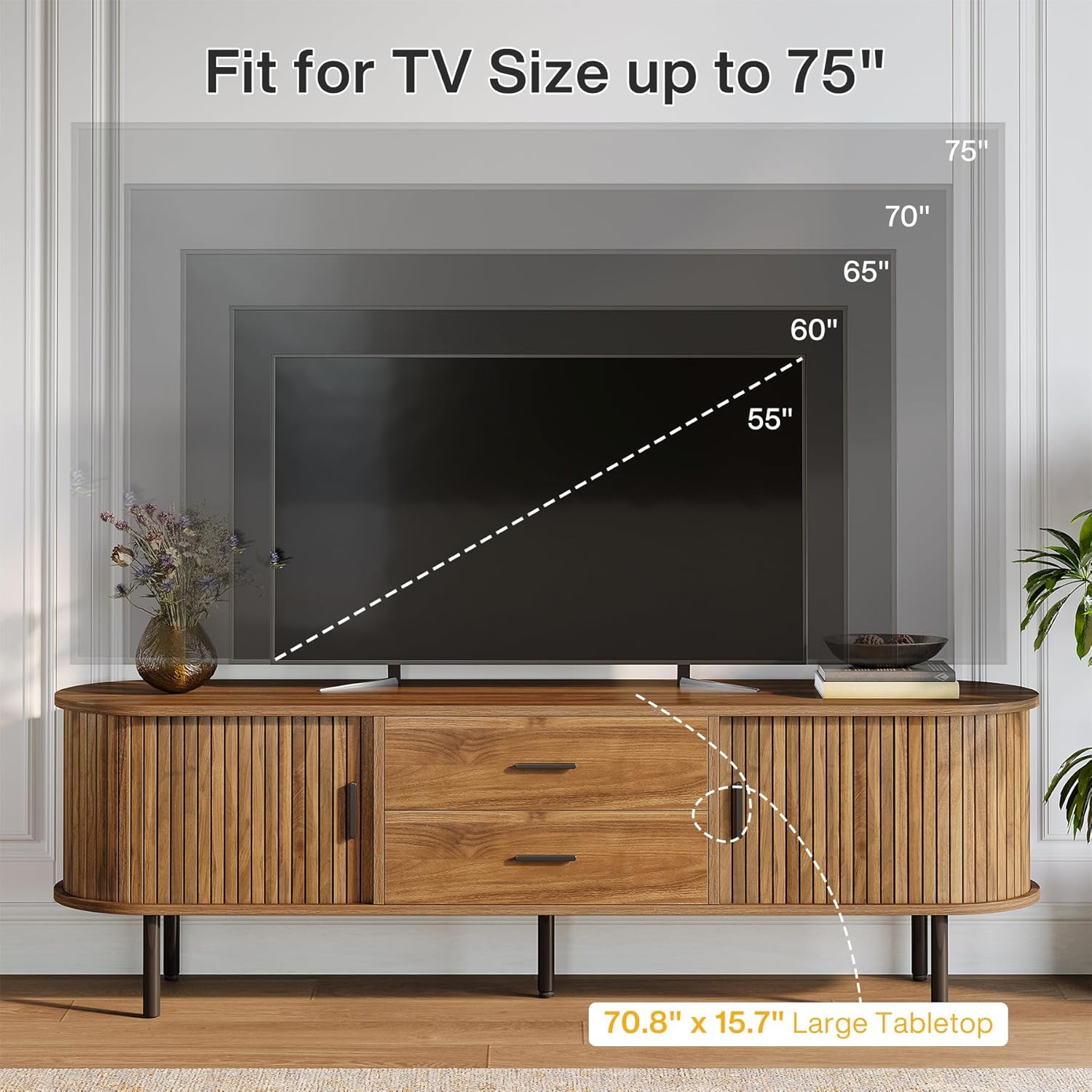 70" TV Stand, Modern Media Console with Storage and Sliding Tambour Door
