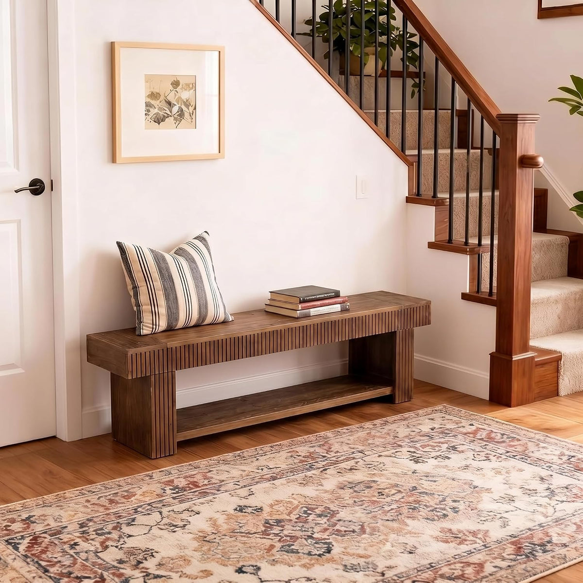 71" Solid Wood Entryway Bench, Fluted Shoe Bench with Storage Shelf for Hallway