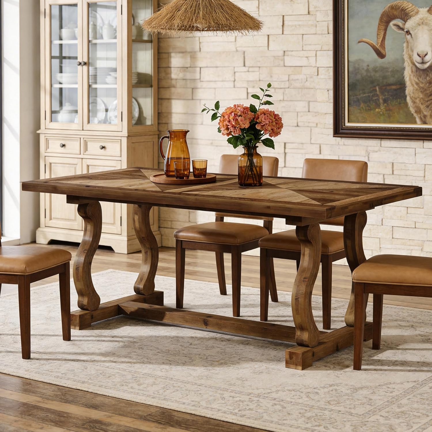 63" Solid Wood Dining Table for 4–6, Rectangular Kitchen Table with Parquetry Top & Scroll Legs