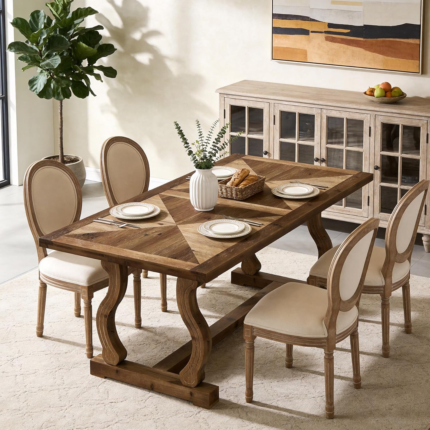 63" Solid Wood Dining Table for 4–6, Rectangular Kitchen Table with Parquetry Top & Scroll Legs