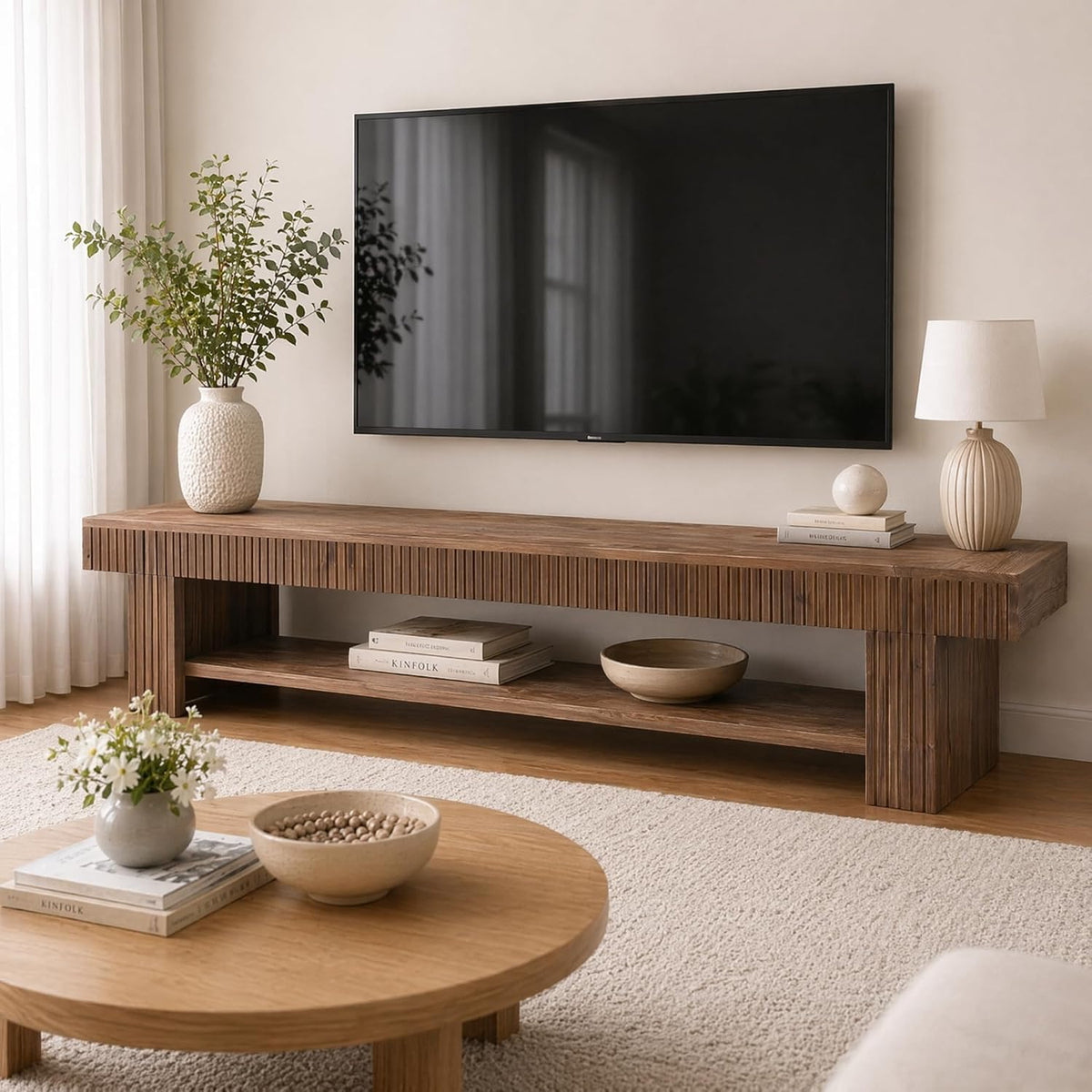 71" Fluted Solid Wood TV Stand, Farmhouse Media Console with Open Storage for Living Room