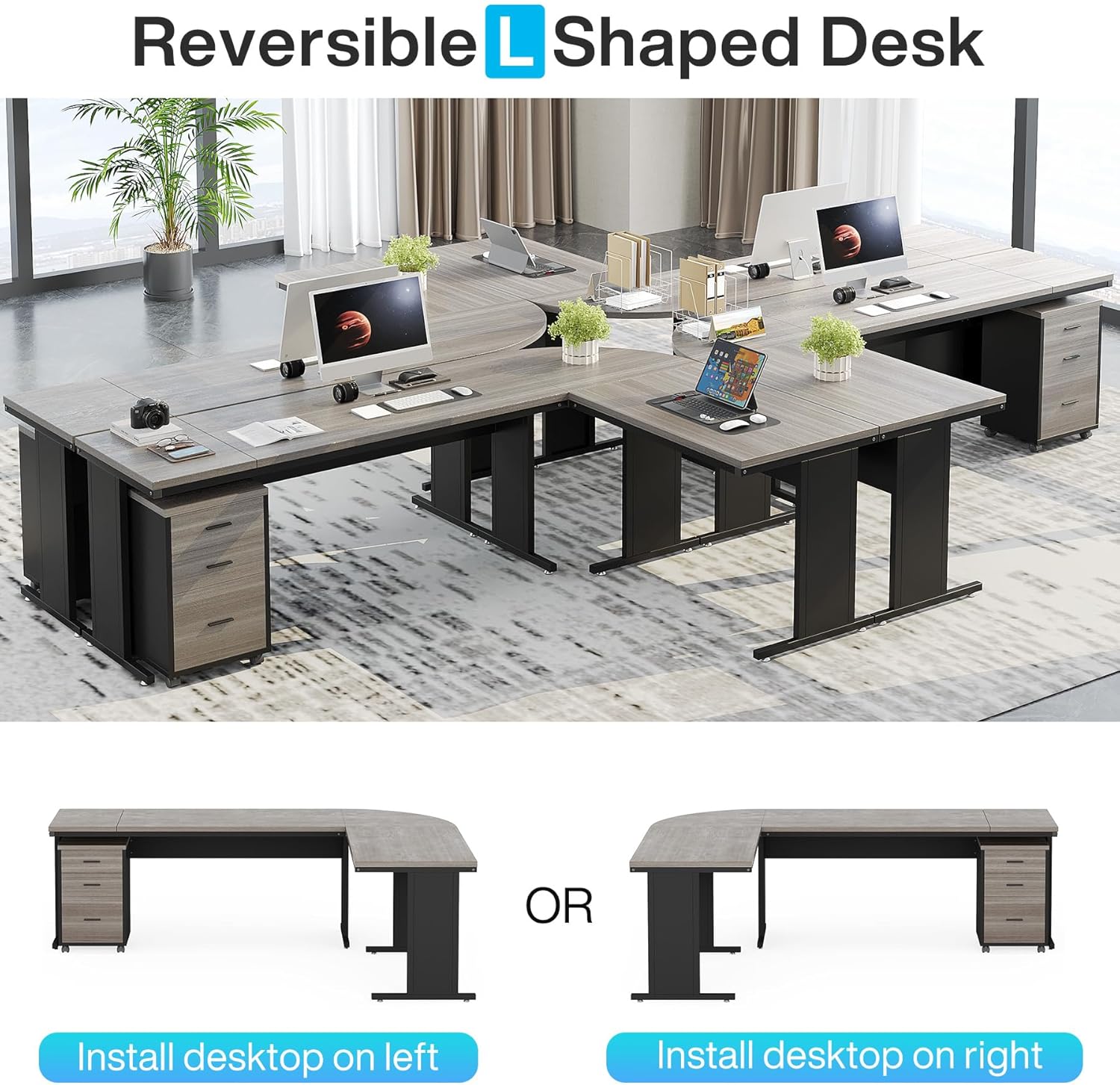 83" L-Shaped Desk, Industrial Corner Executive Desk with Mobile File Cabinet