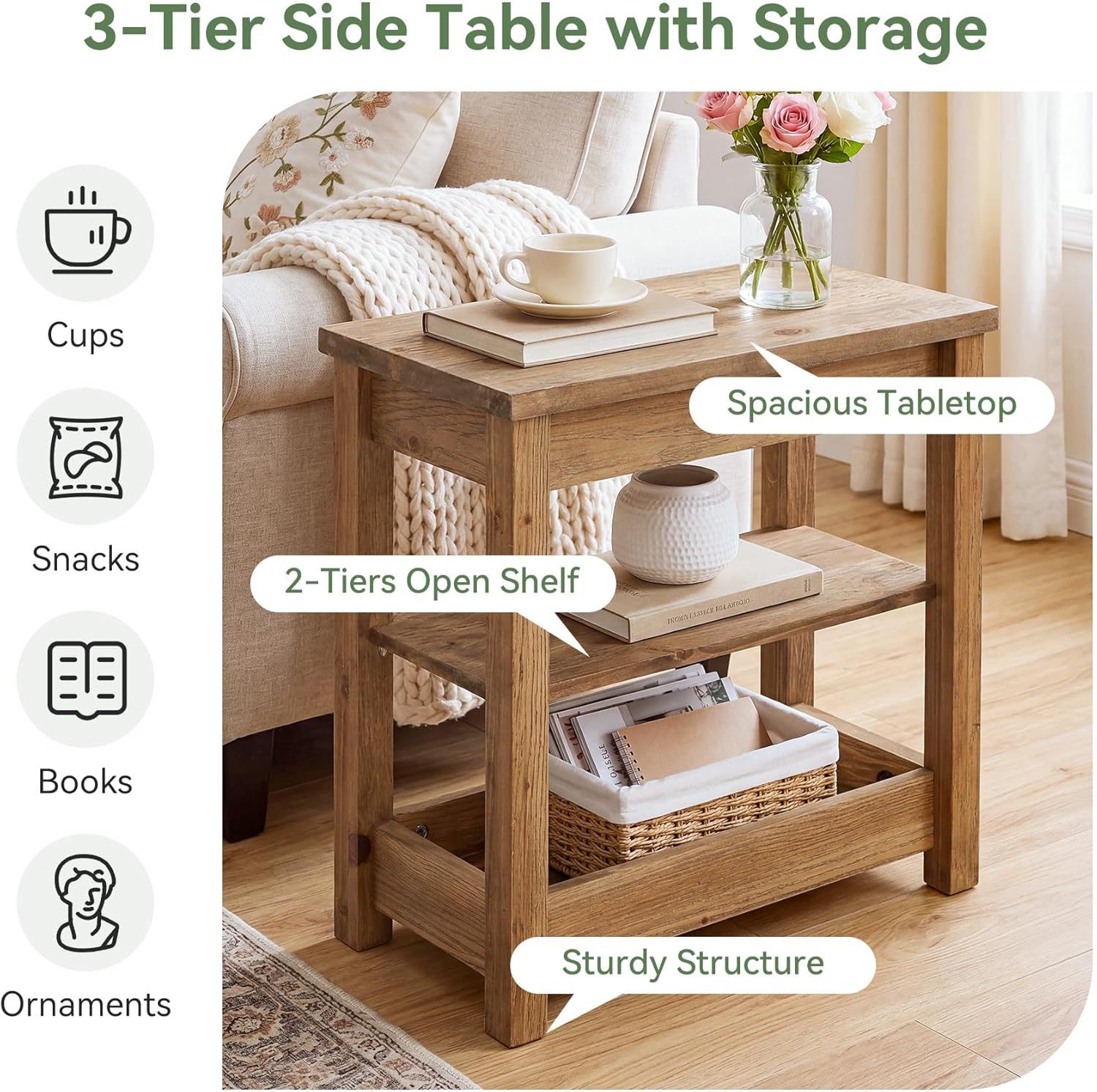 23.62" Solid Wood End Table, 3-Tier Narrow Side Table for Living Room and Bedroom
