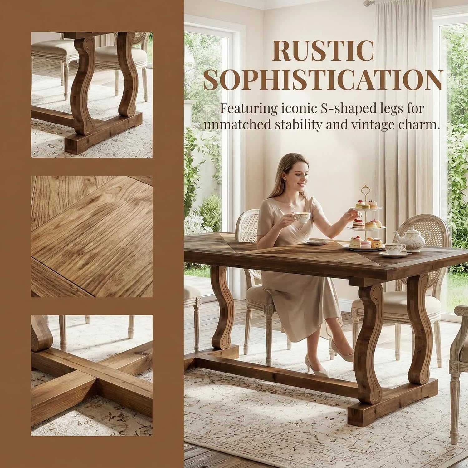 63" Solid Wood Dining Table for 4–6, Rectangular Kitchen Table with Parquetry Top & Scroll Legs