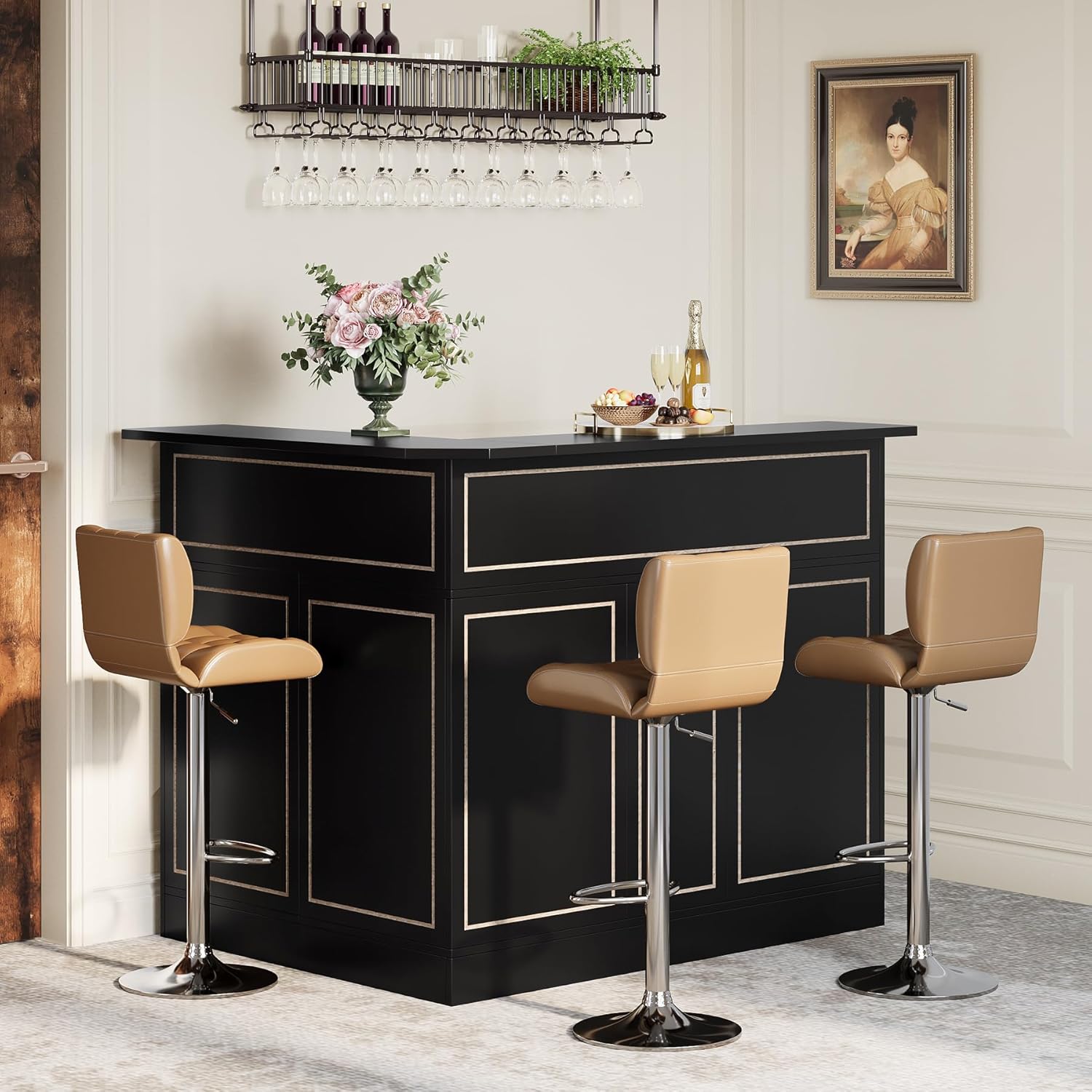 L-Shaped Bar Table, 4-Tier Bar Cabinet Reception Desk