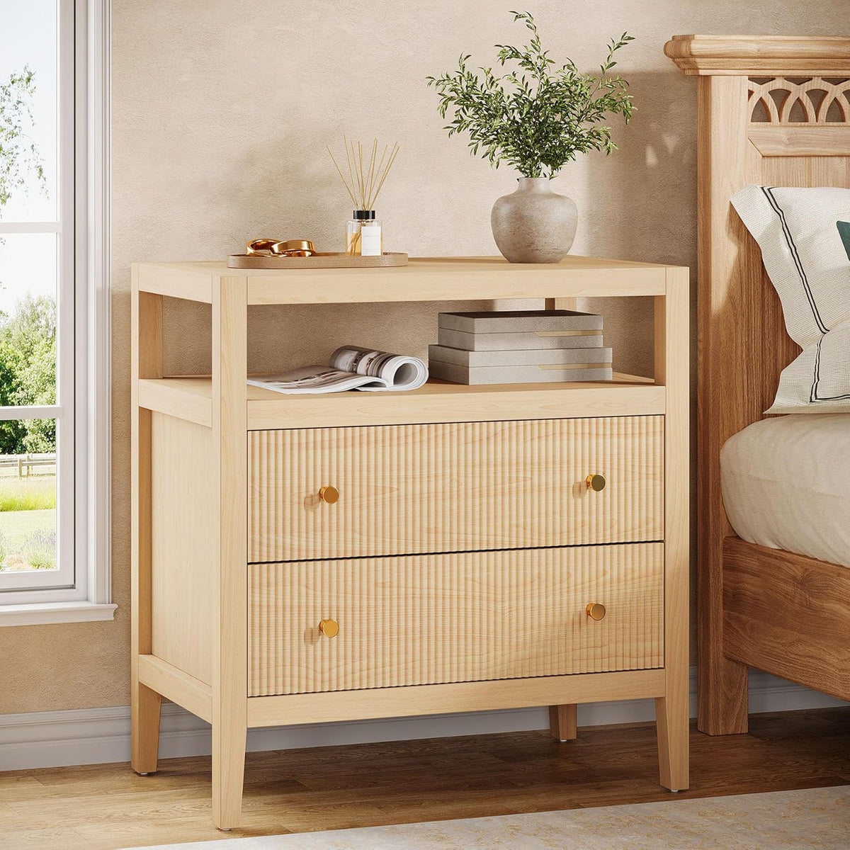 29.5" Farmhouse Nightstand, 2-Drawer Wide Bedside Table with Open Storage Shelf