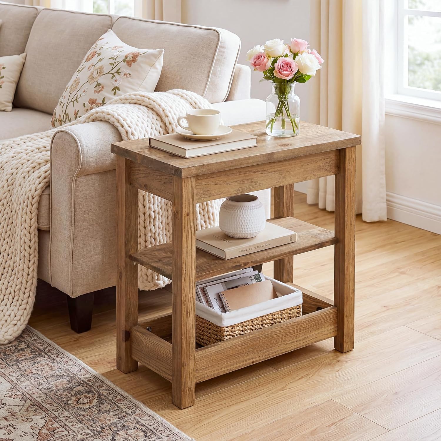 23.62" Solid Wood End Table, 3-Tier Narrow Side Table for Living Room and Bedroom