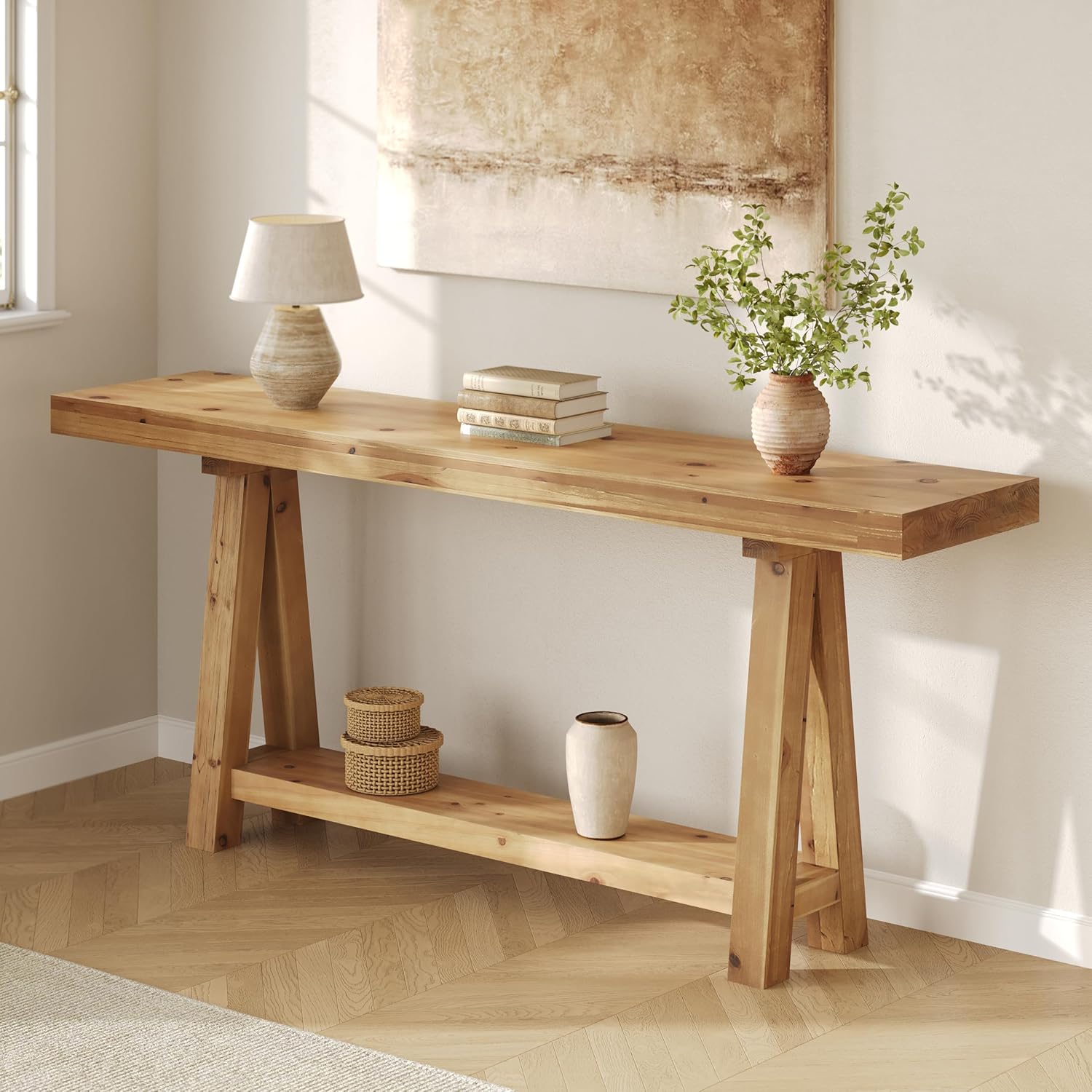 Solid Wood Console Table, 70.87" Sofa Table with Shelves for Entryway