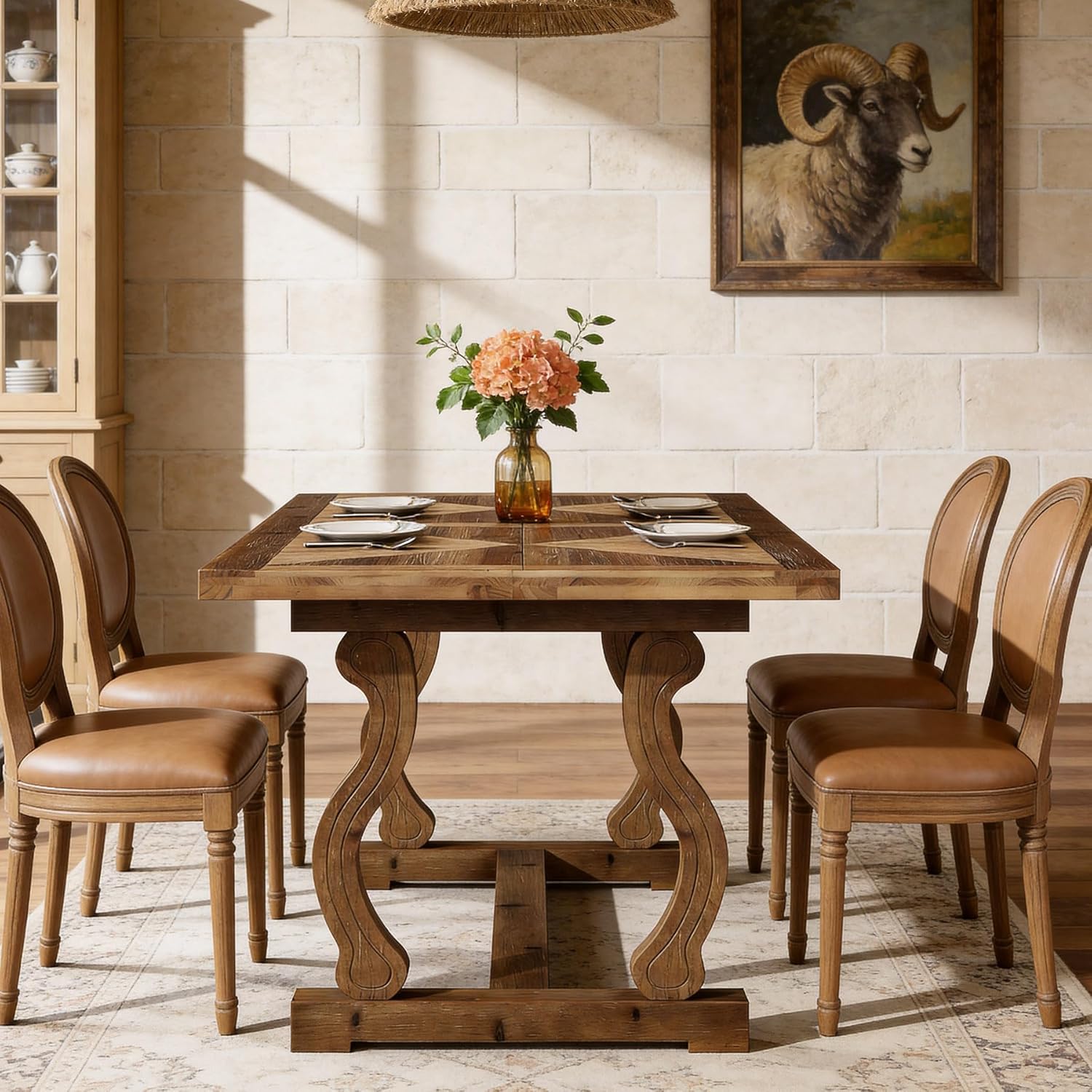 63" Solid Wood Dining Table for 4–6, Rectangular Kitchen Table with Parquetry Top & Scroll Legs