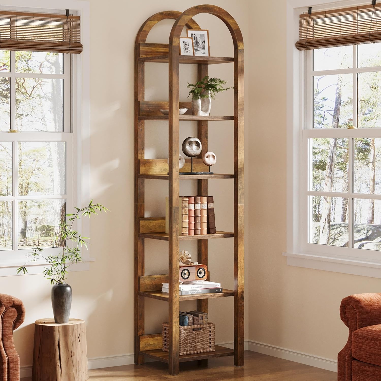 71" Tall and Narrow Bookshelf, 6-Tier Arched Bookcase Open Storage Rack