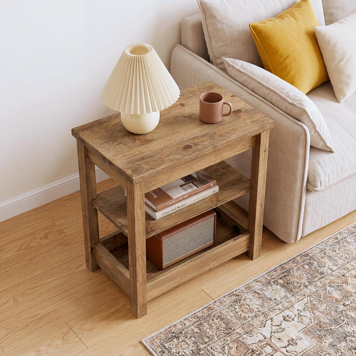 23.62" Solid Wood End Table, 3-Tier Narrow Side Table for Living Room and Bedroom