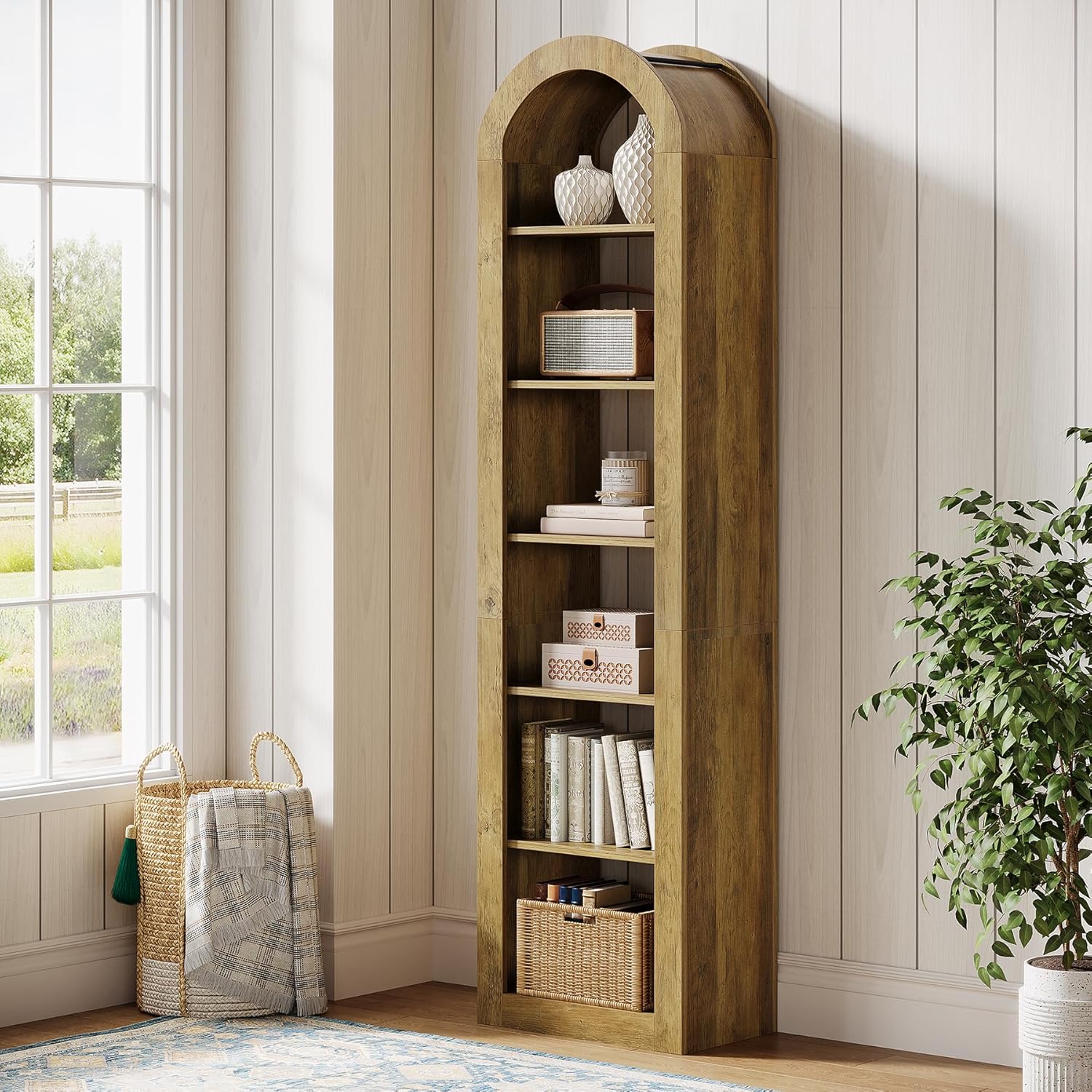 74.8" Arched Bookshelf, 6-Tier Narrow Open Bookcase Display Shelf