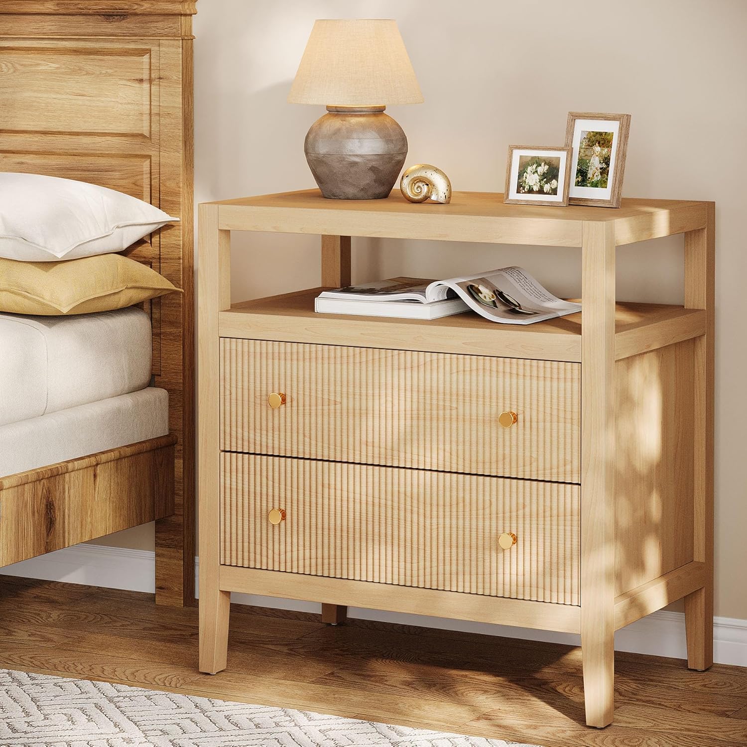 29.5" Farmhouse Nightstand, 2-Drawer Wide Bedside Table with Open Storage Shelf