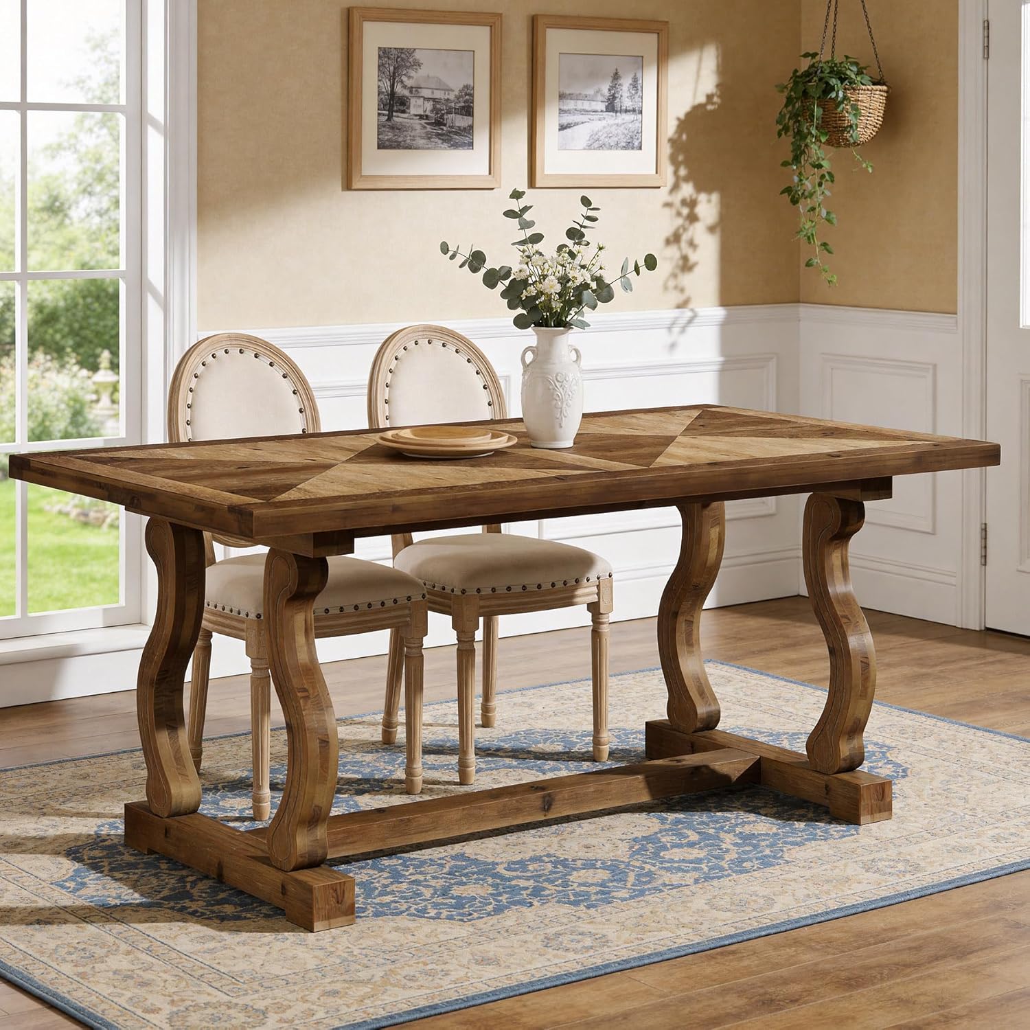 63" Solid Wood Dining Table for 4–6, Rectangular Kitchen Table with Parquetry Top & Scroll Legs
