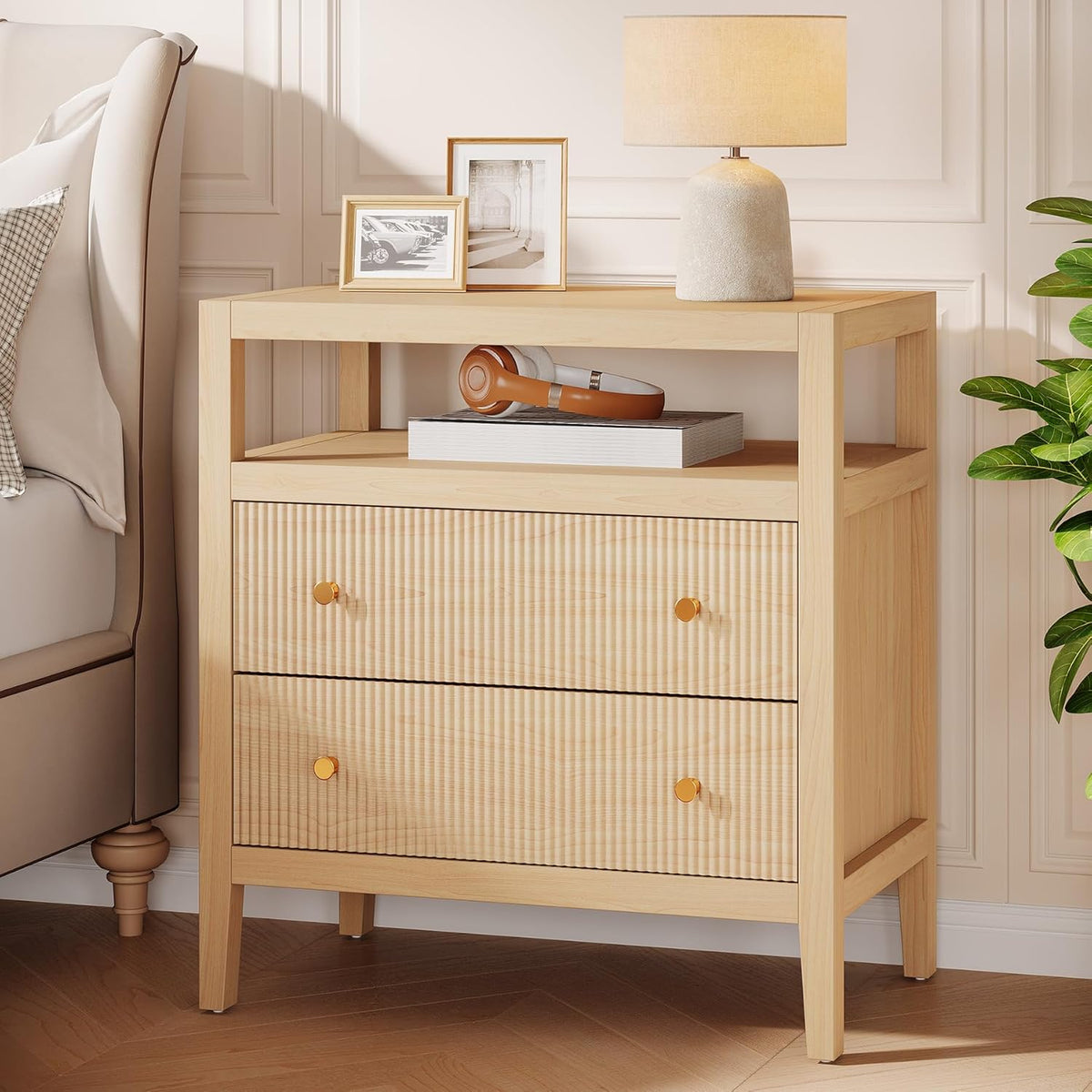 29.5" Farmhouse Nightstand, 2-Drawer Wide Bedside Table with Open Storage Shelf