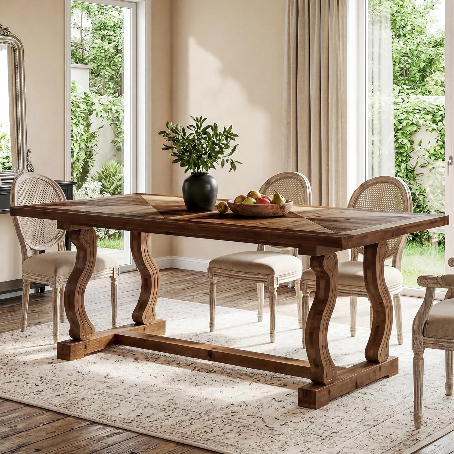 63" Solid Wood Dining Table for 4–6, Rectangular Kitchen Table with Parquetry Top & Scroll Legs