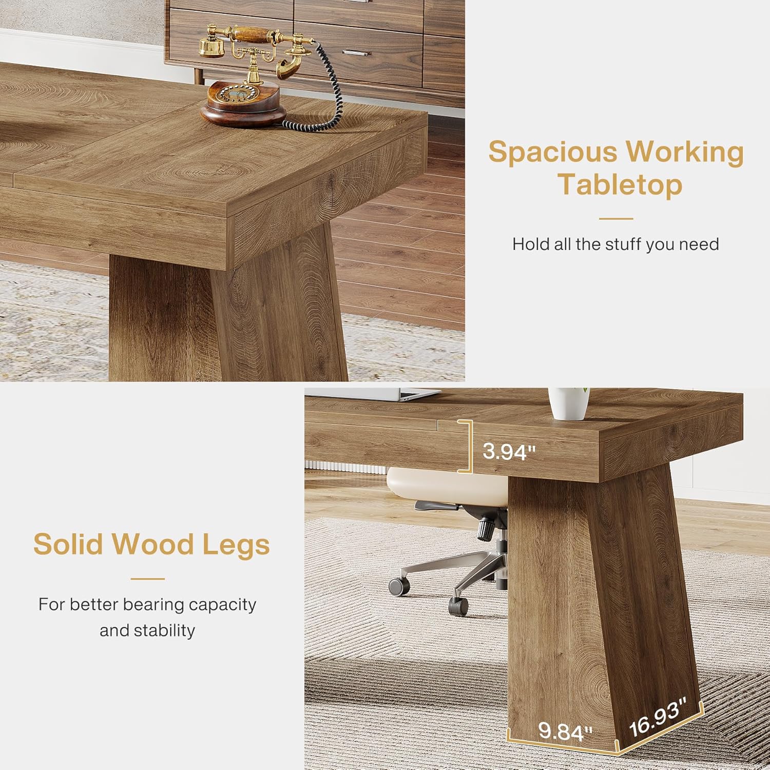 55" Executive Desk, Modern Wood Computer Desk Workstation Desk