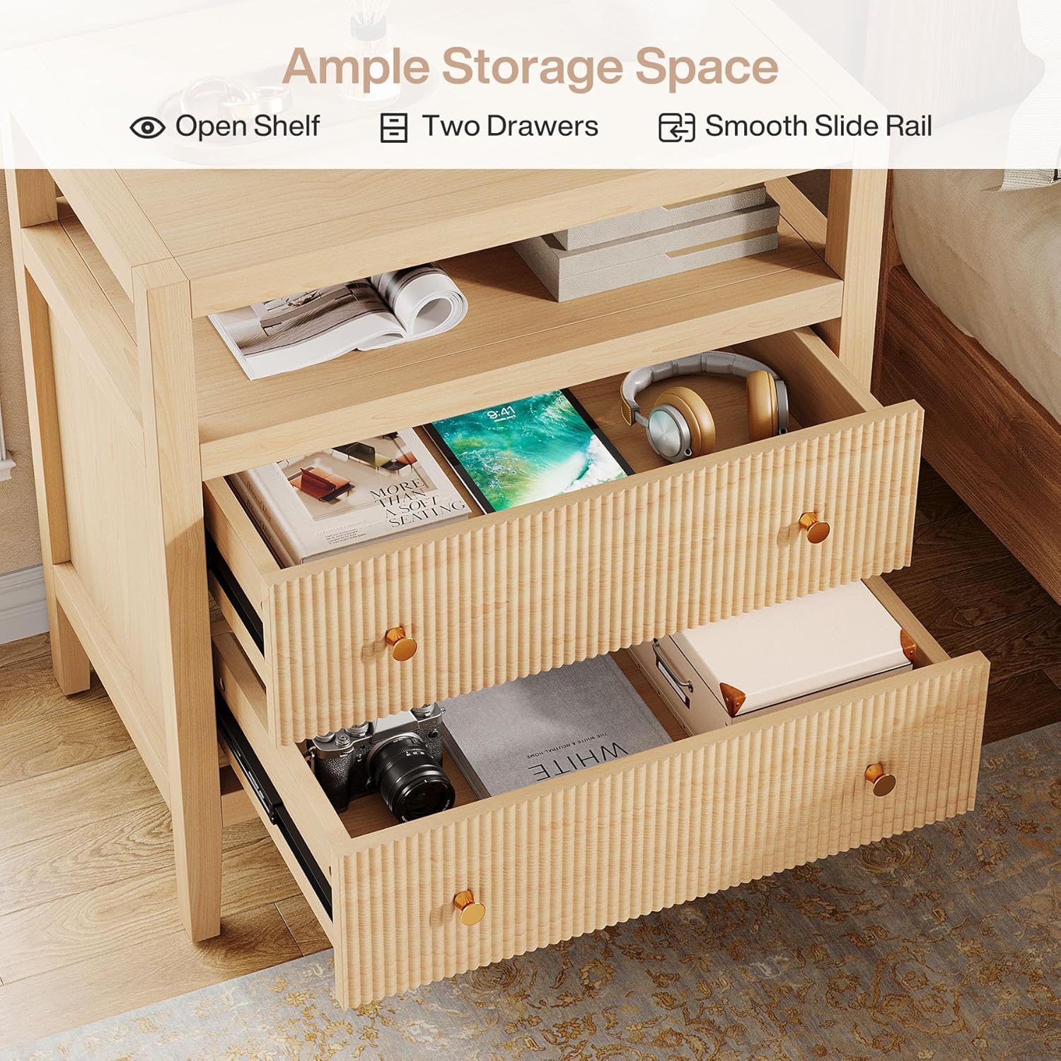 29.5" Farmhouse Nightstand, 2-Drawer Wide Bedside Table with Open Storage Shelf