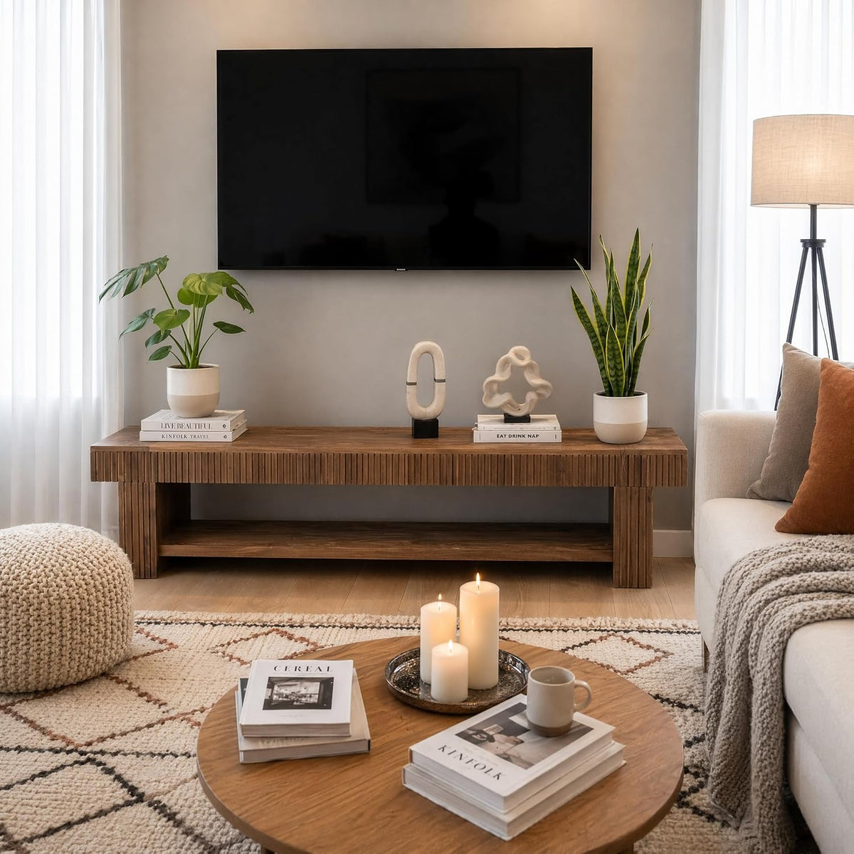 71" Fluted Solid Wood TV Stand, Farmhouse Media Console with Open Storage for Living Room