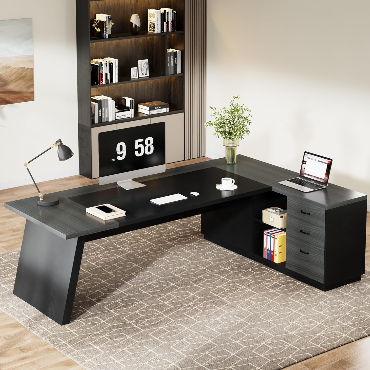 L-Shaped Executive Desk, 78" Office Desk with Drawers and Lateral File Cabinet