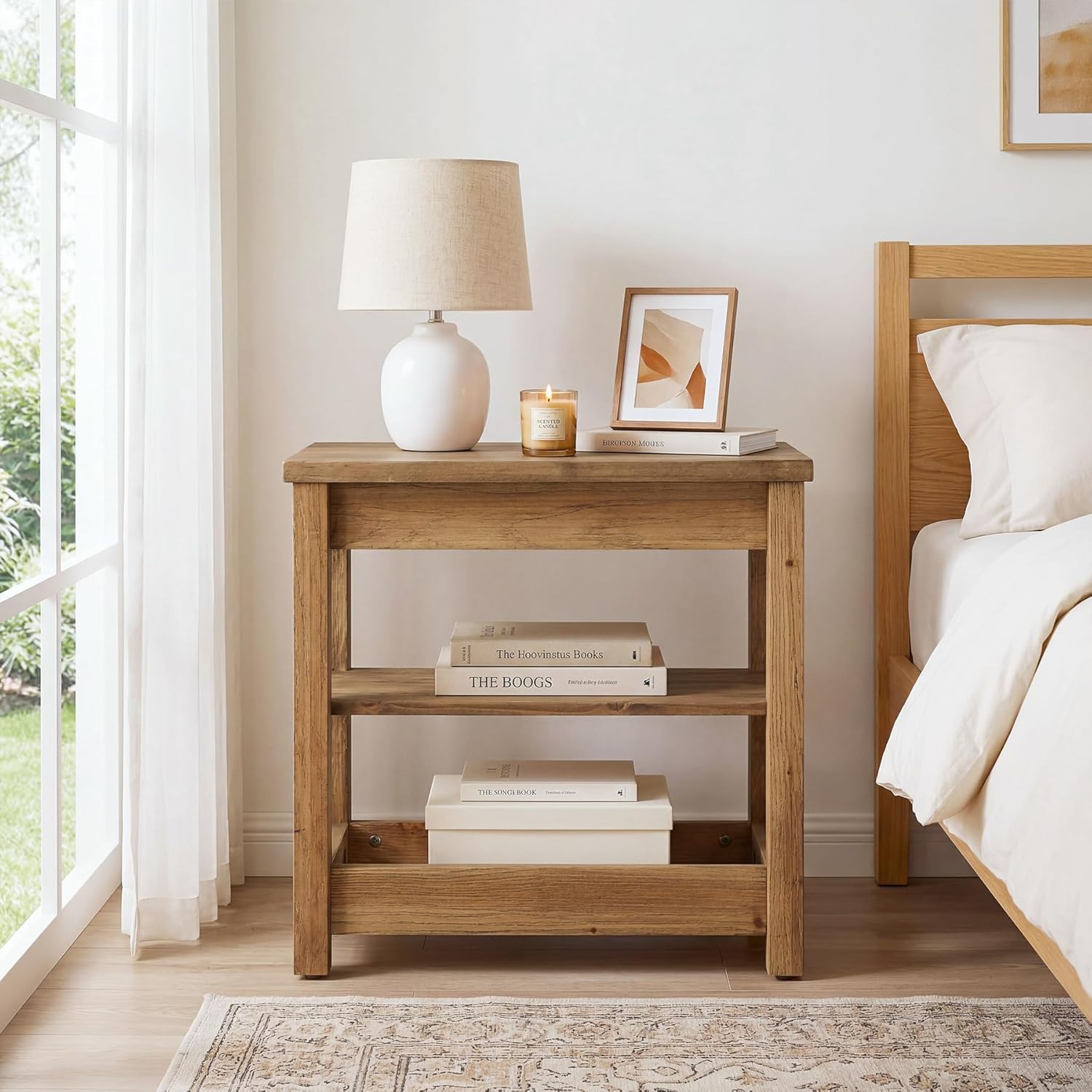 23.62" Solid Wood End Table, 3-Tier Narrow Side Table for Living Room and Bedroom