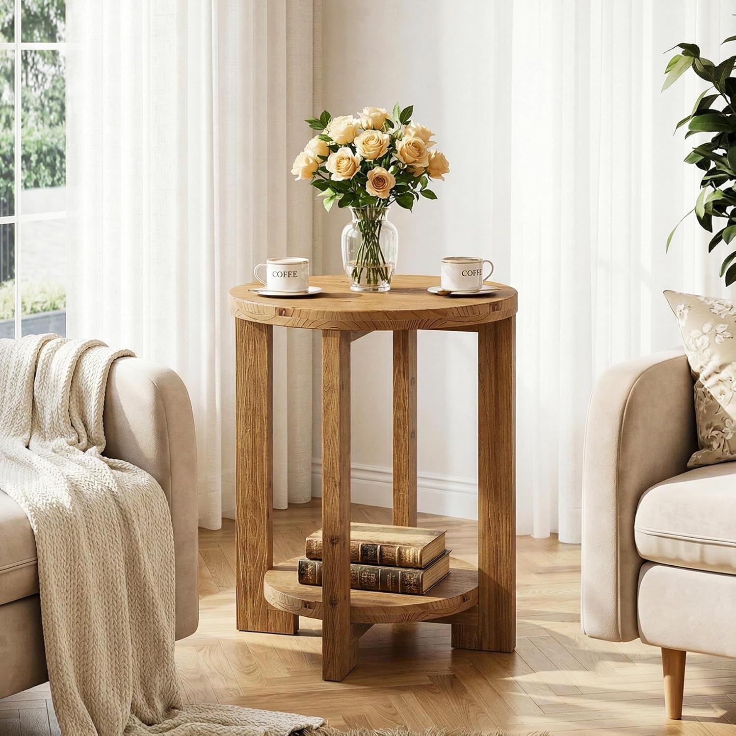 Solid Wood  Round End Table, 2-Tier Accent Side Table for Small Spaces