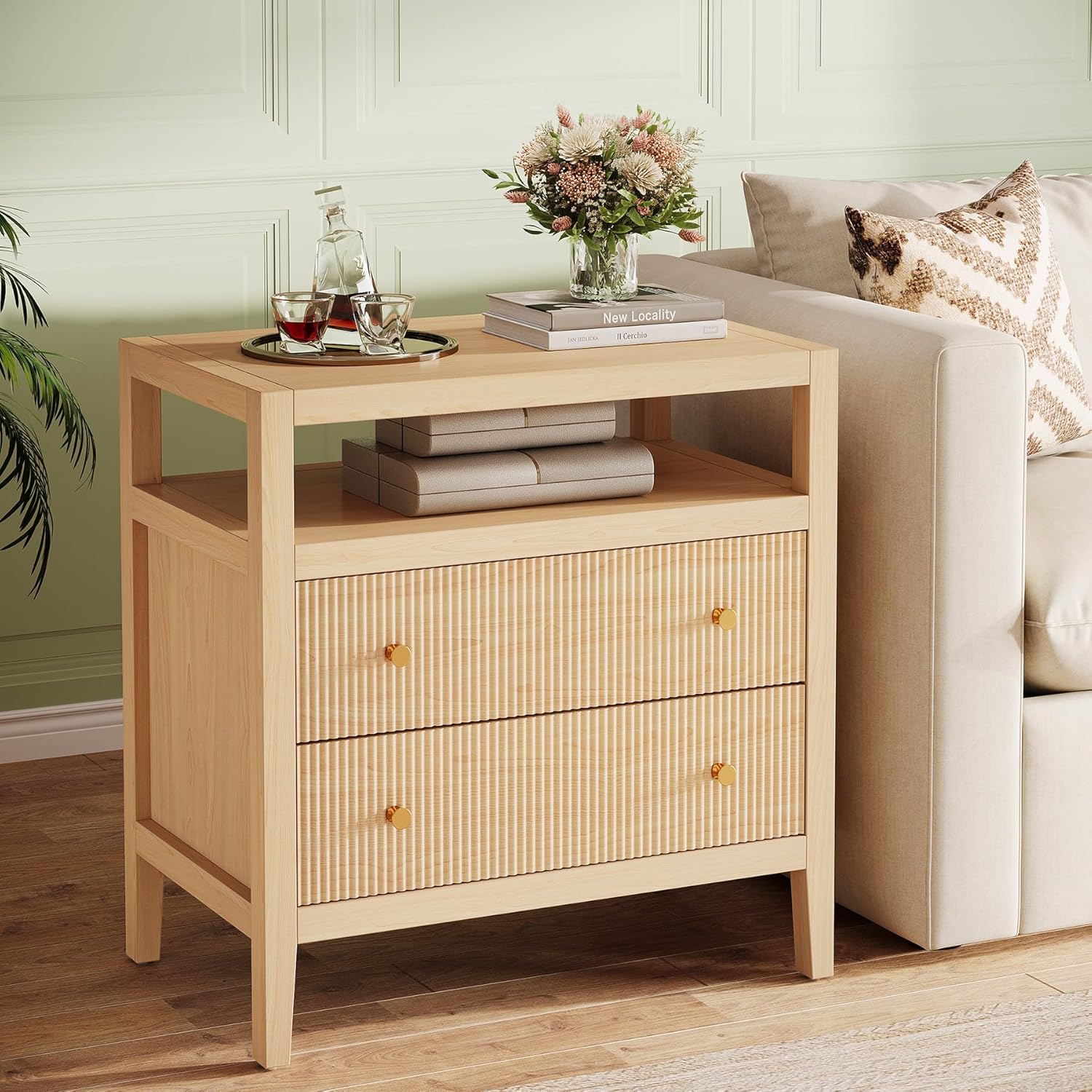 29.5" Farmhouse Nightstand, 2-Drawer Wide Bedside Table with Open Storage Shelf