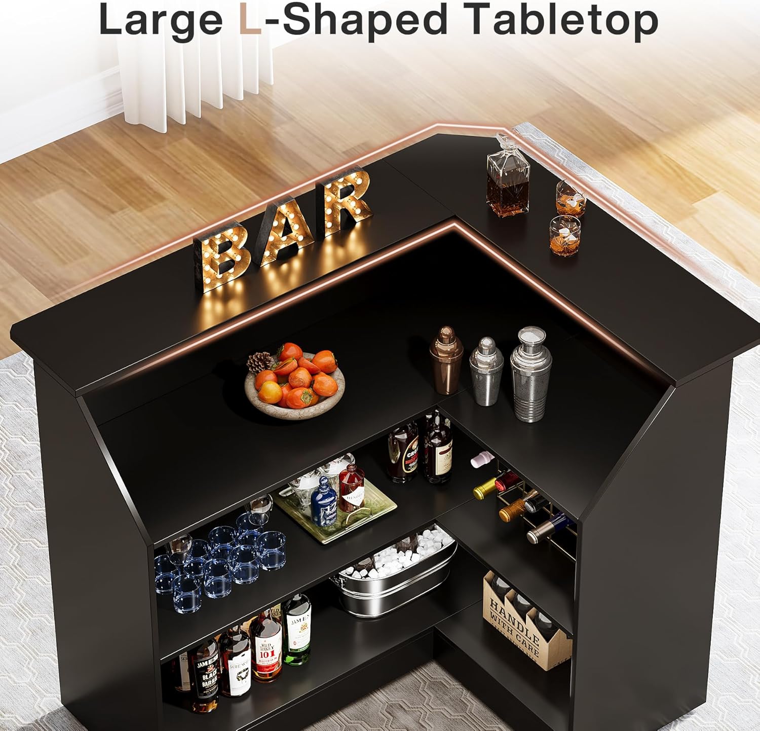 L-Shaped Bar Table, 4-Tier Bar Cabinet Reception Desk