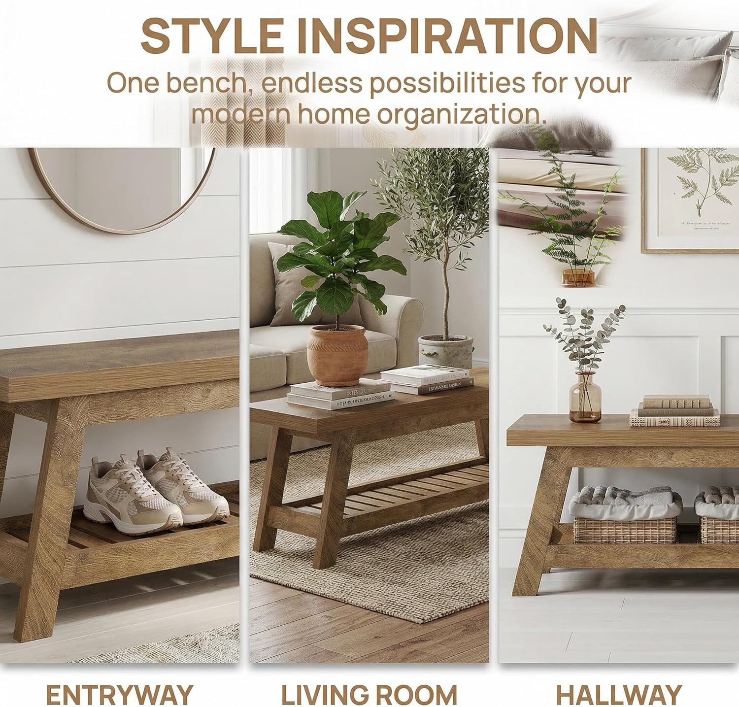 55" Entryway Bench, 2-Tier Foyer Seating Bench with Shoe Storage