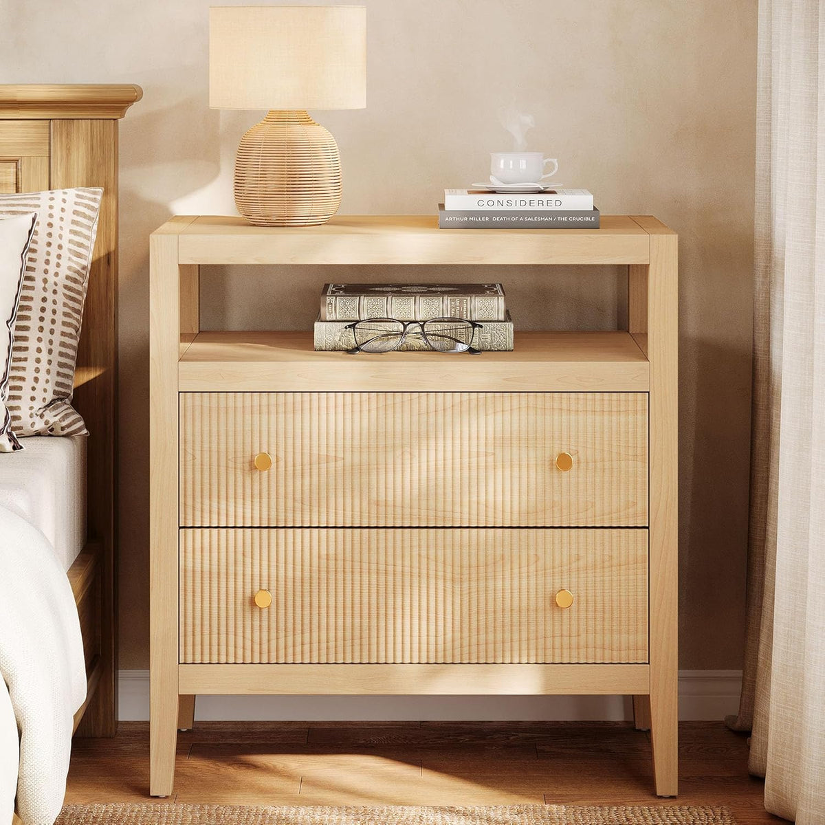 29.5" Farmhouse Nightstand, 2-Drawer Wide Bedside Table with Open Storage Shelf