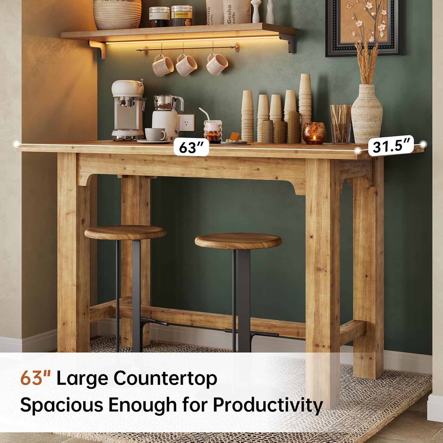 Solid Wood Bar Table, 63" Dining Table Counter Height Pub Table