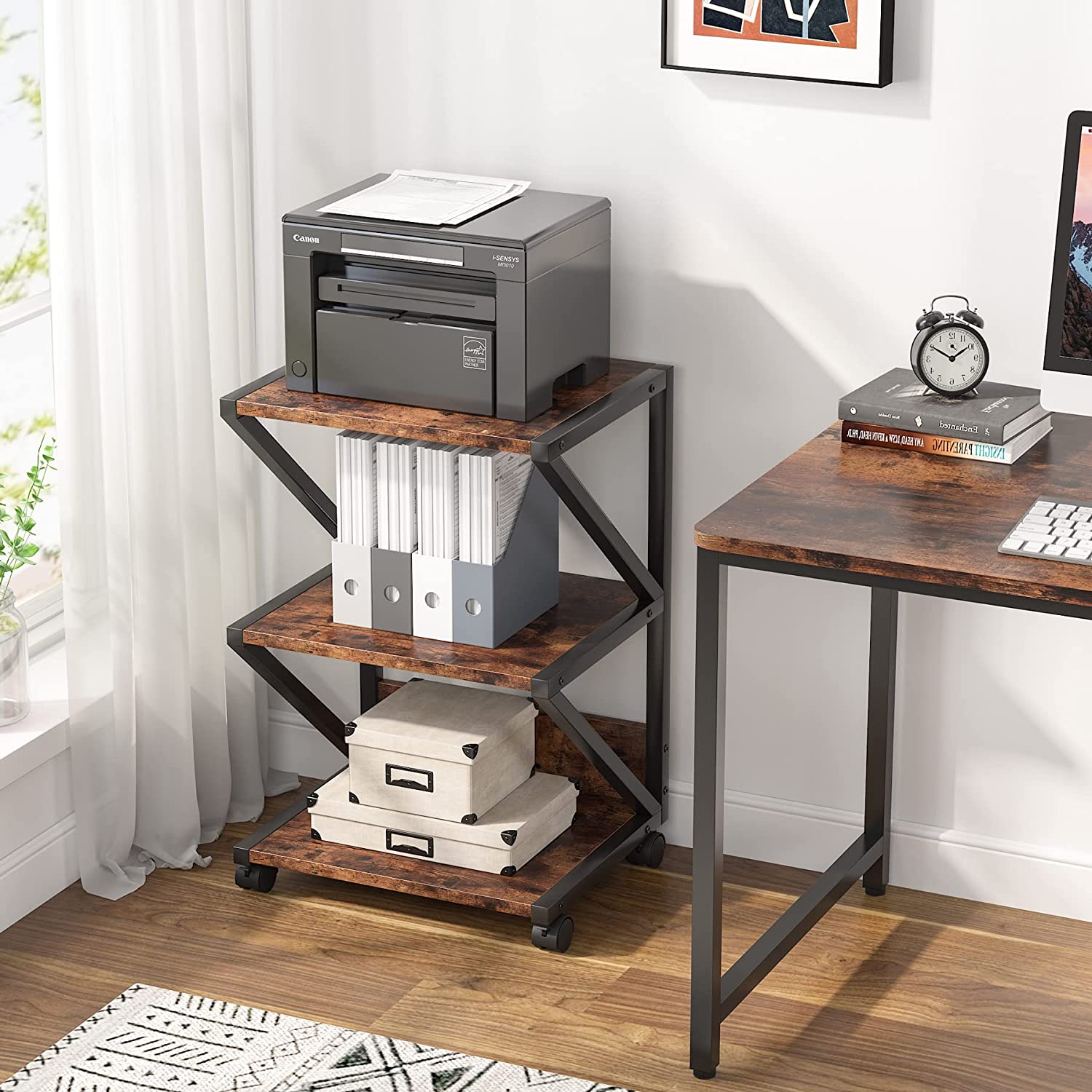 Printer Stand, 3-Tier Rolling Printer Cart Under Desk Storage Shelf Tribesigns