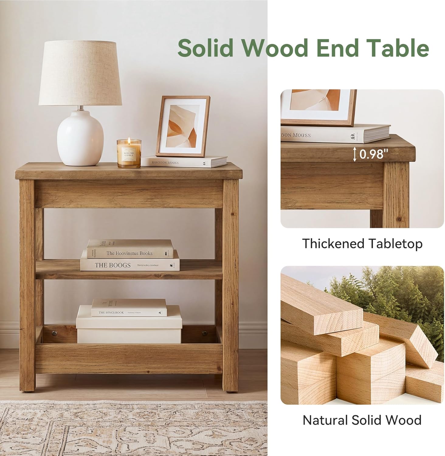 23.62" Solid Wood End Table, 3-Tier Narrow Side Table for Living Room and Bedroom
