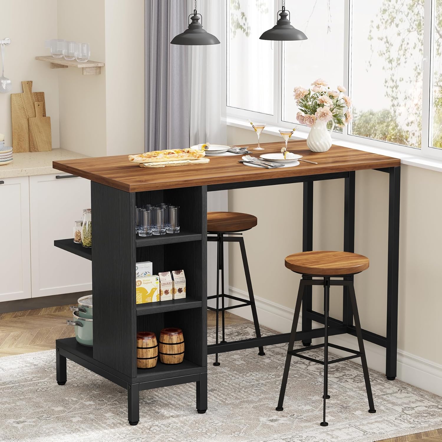 43" Kitchen Island Kitchen Counter Table with 5 Open Shelves