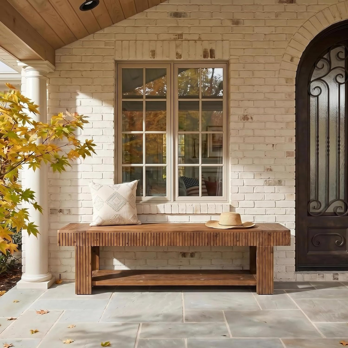 71" Solid Wood Entryway Bench, Fluted Shoe Bench with Storage Shelf for Hallway
