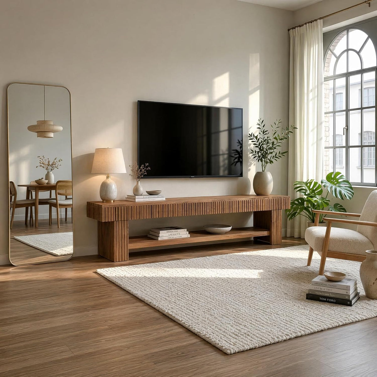 71" Fluted Solid Wood TV Stand, Farmhouse Media Console with Open Storage for Living Room