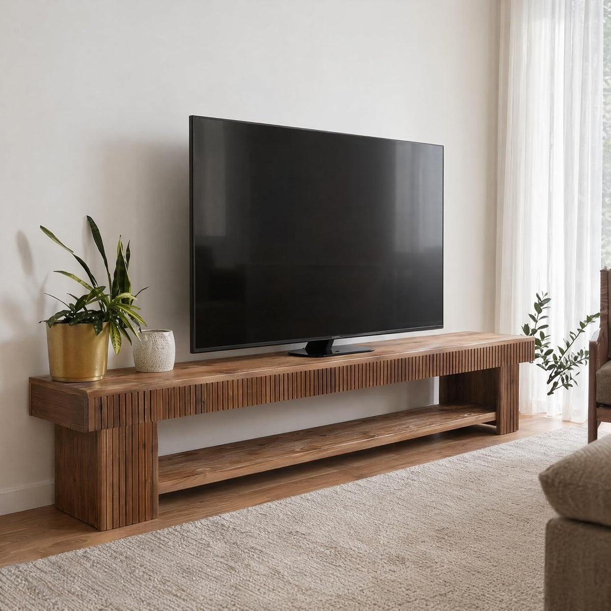 71" Fluted Solid Wood TV Stand, Farmhouse Media Console with Open Storage for Living Room