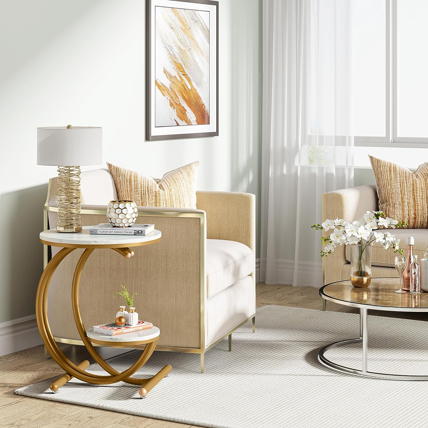 End Table, 2-Tier Faux Marble Side Table with C-Shaped Frame Tribesigns
