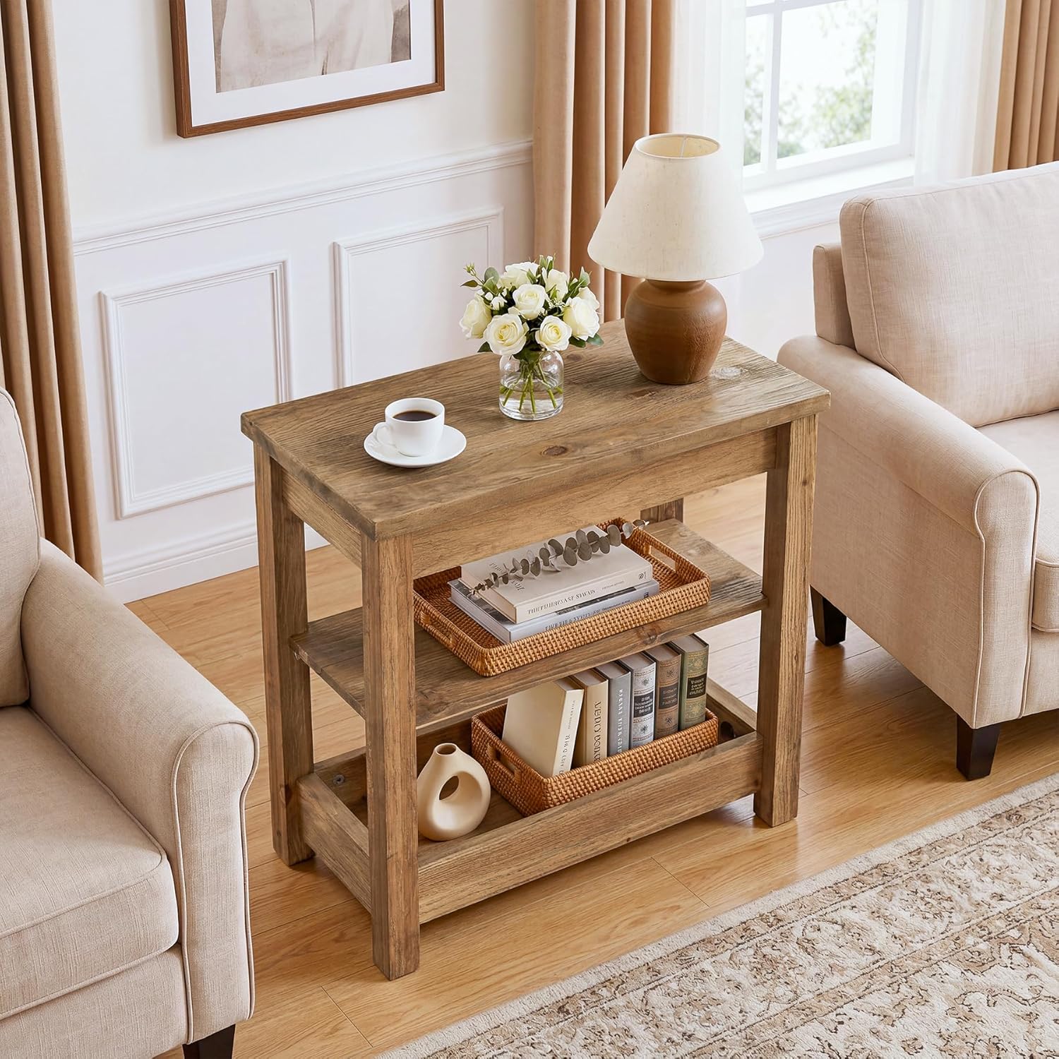 23.62" Solid Wood End Table, 3-Tier Narrow Side Table for Living Room and Bedroom