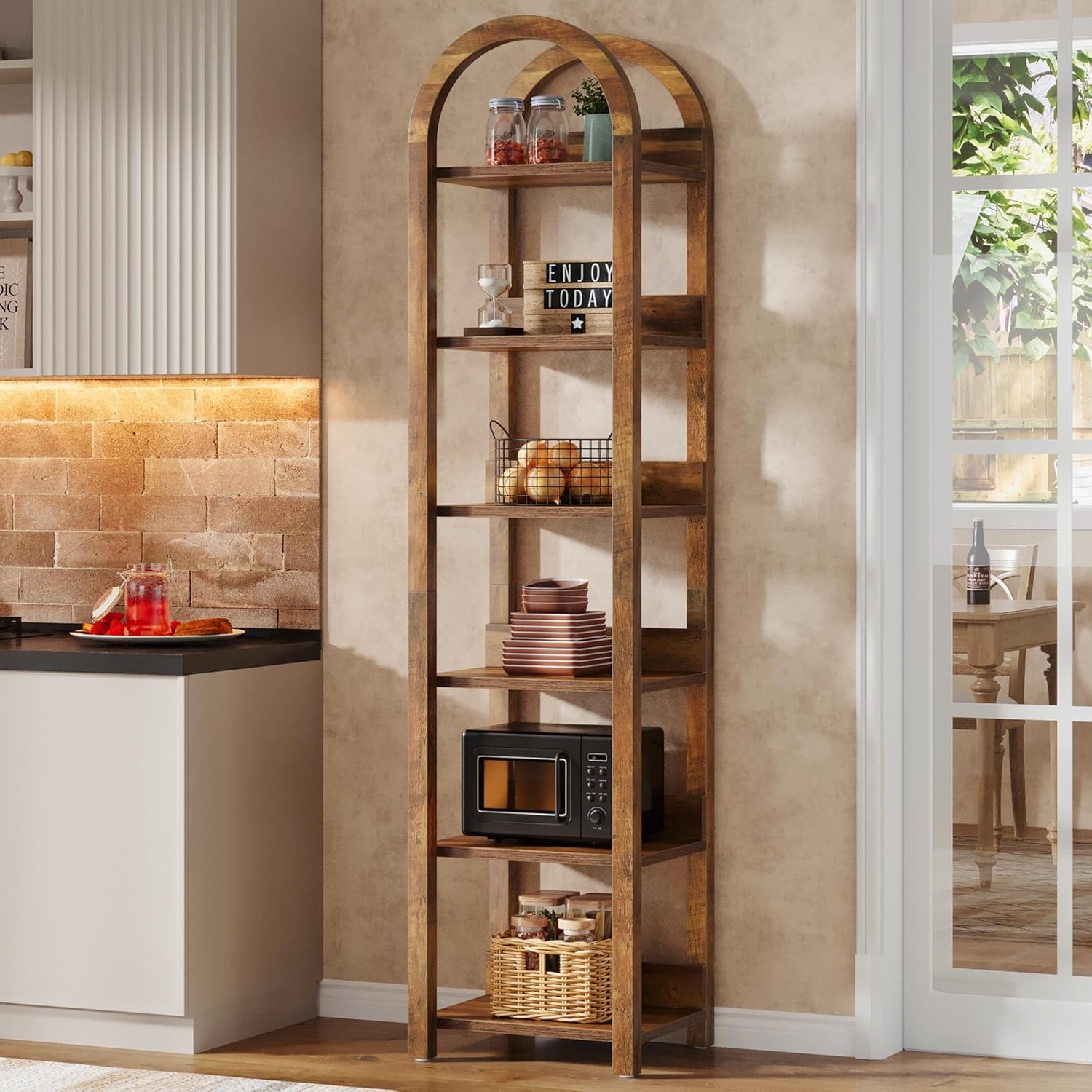 71" Tall and Narrow Bookshelf, 6-Tier Arched Bookcase Open Storage Rack