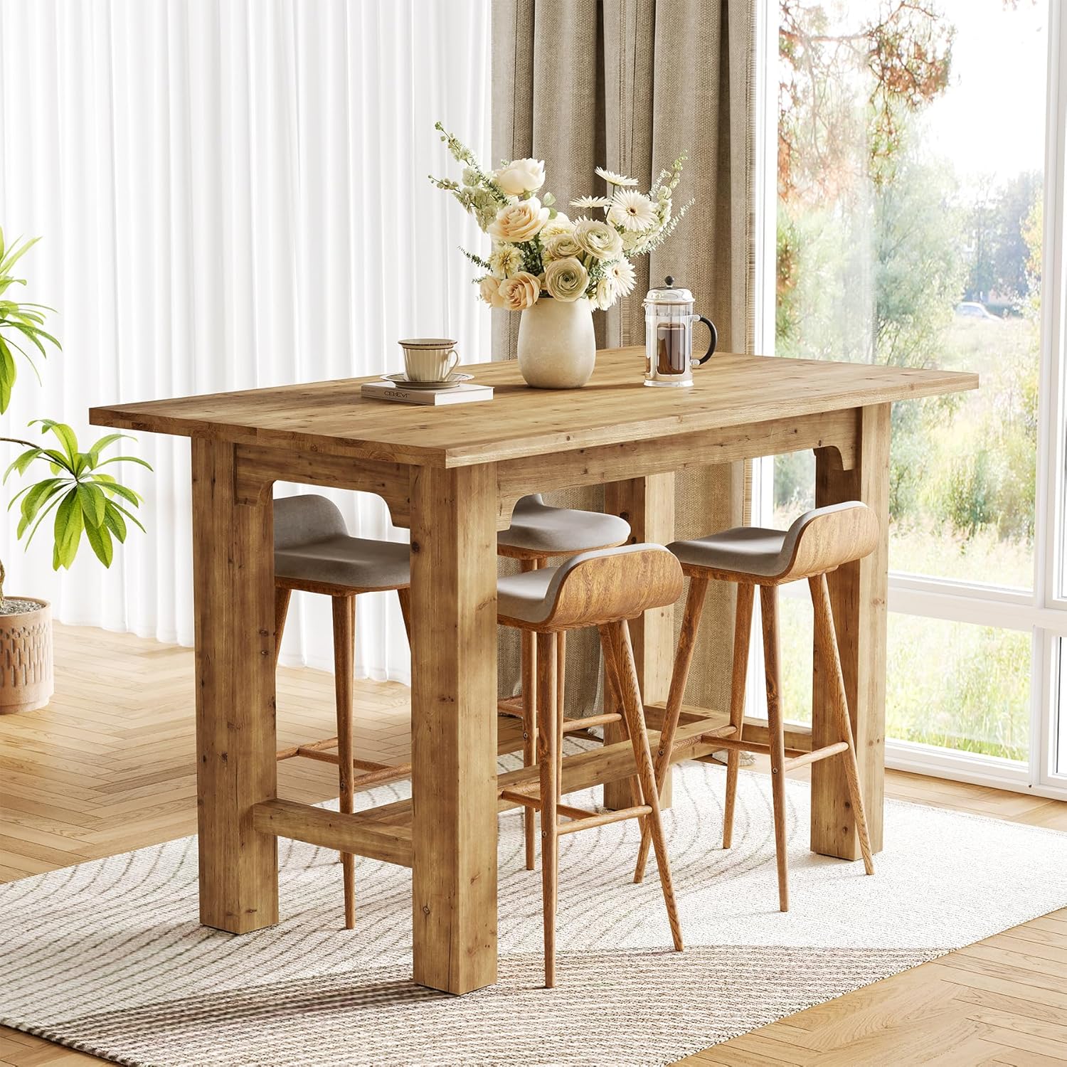 Solid Wood Bar Table, 63" Dining Table Counter Height Pub Table